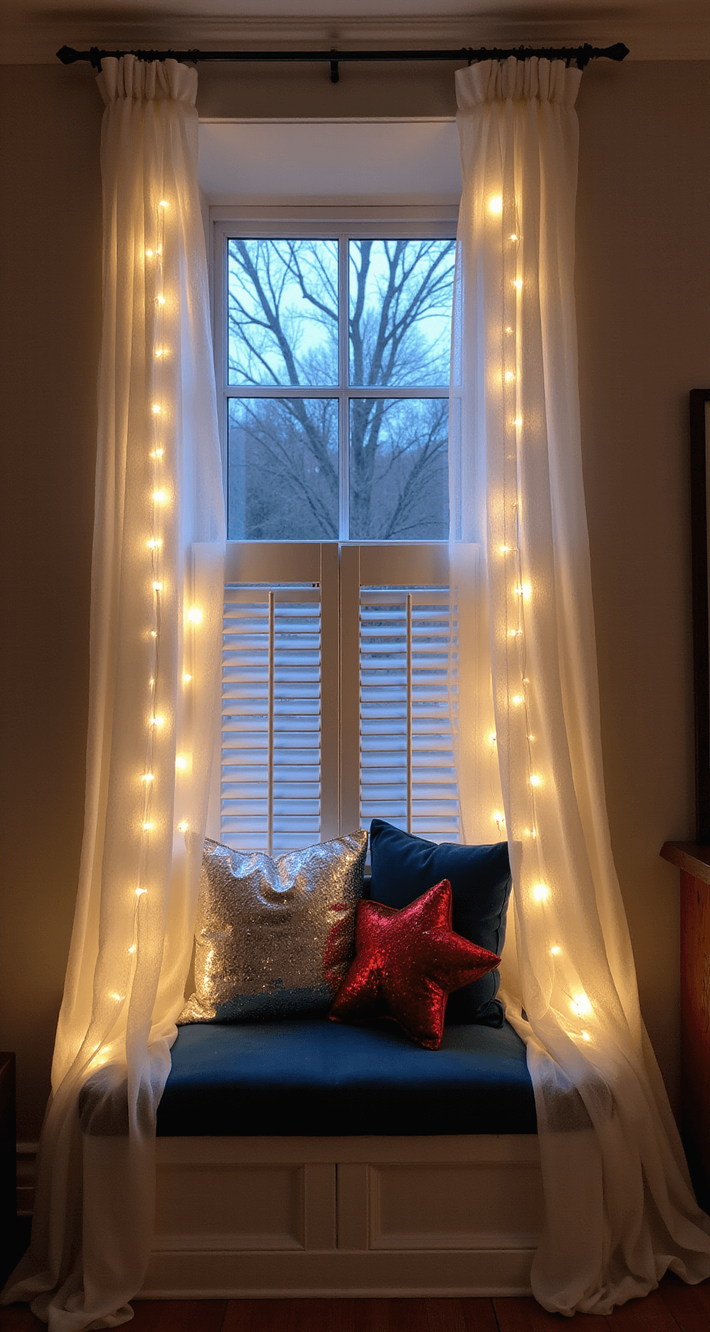 Detail shot of a cozy window nook at twilight, featuring a bay window dressed with white plantation shutters and sheer white curtains. The window seat is adorned with a navy velvet cushion and sequined star pillows, accented by fairy lights that create a bokeh effect.
