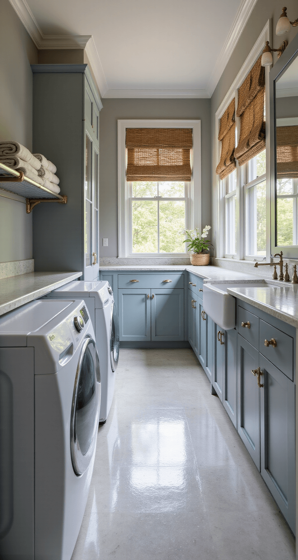 A narrow galley laundry room with white front-loading machines, frosted glass doors, soft blue-gray built-in cabinets, a long pale gray quartz countertop with an undermount sink, woven Roman shades, and a large mirror reflecting soft, diffused light.