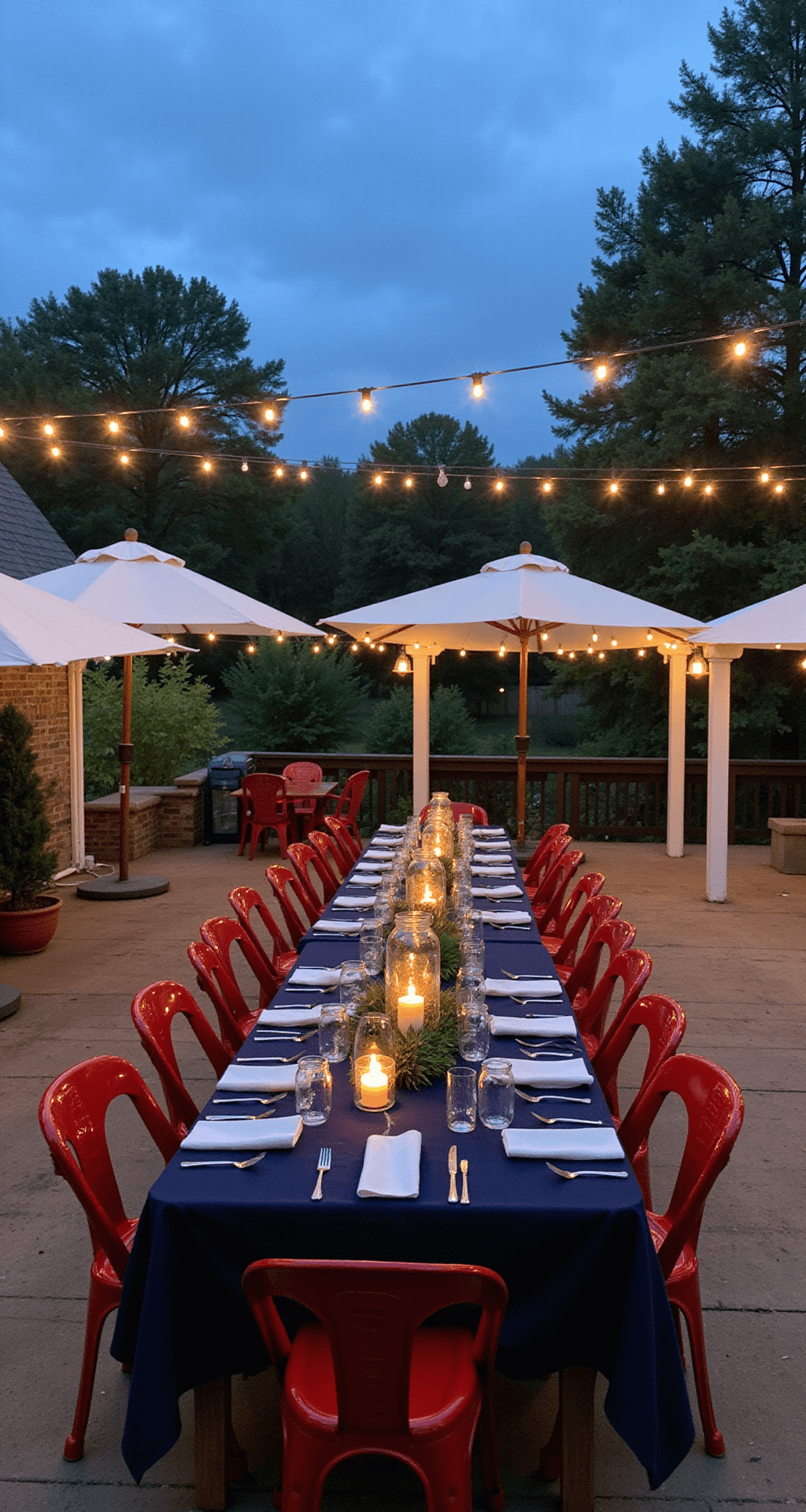 Backyard party setup at blue hour featuring string lights overhead, a long farmhouse table with navy linens and mason jar lanterns, red metal chairs, white market umbrellas with twinkle lights, and an elevated view from a deck.