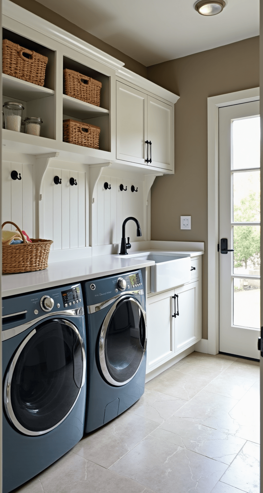A bright, airy multi-functional mudroom-laundry combo featuring slate blue front-loading machines under a white quartz counter, a farmhouse sink, built-in white lockers, herringbone tile floor, and open shelving with baskets, illuminated by morning light streaming through French doors.