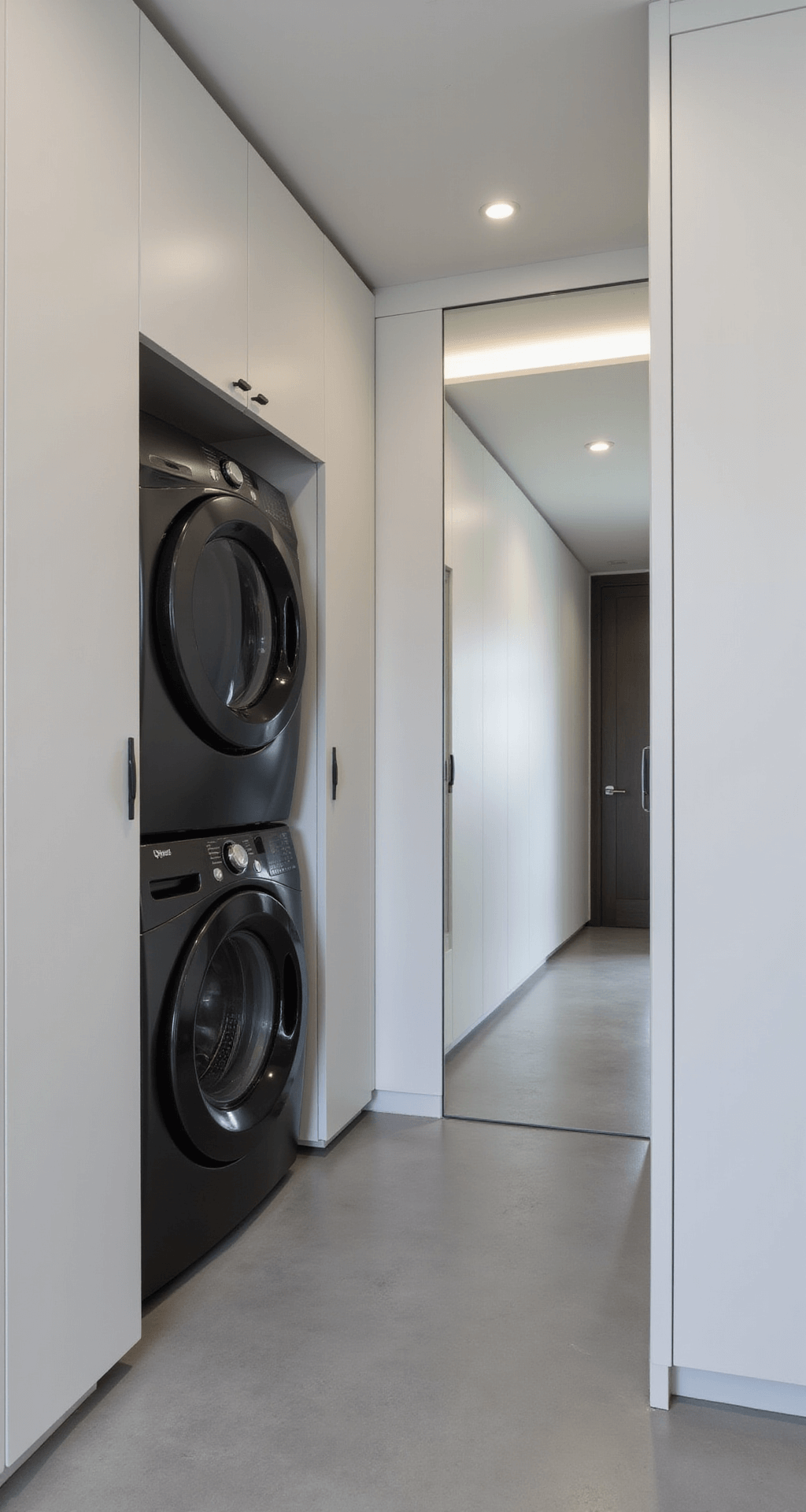 Minimalist laundry closet featuring a stackable black washer and dryer, sleek white handleless cabinetry, pull-out ironing board, full-height mirror, pull-out drying rack, and seamless gray epoxy floor, all under recessed LED lighting.