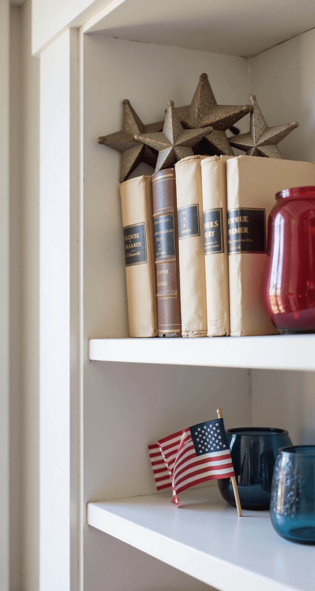 Close-up of a built-in bookshelf featuring vintage books wrapped in cream paper, metallic stars of various sizes, small American flags tucked among the books, and red and blue glass vessels, all illuminated by natural midday light, with a focus on textures and materials.