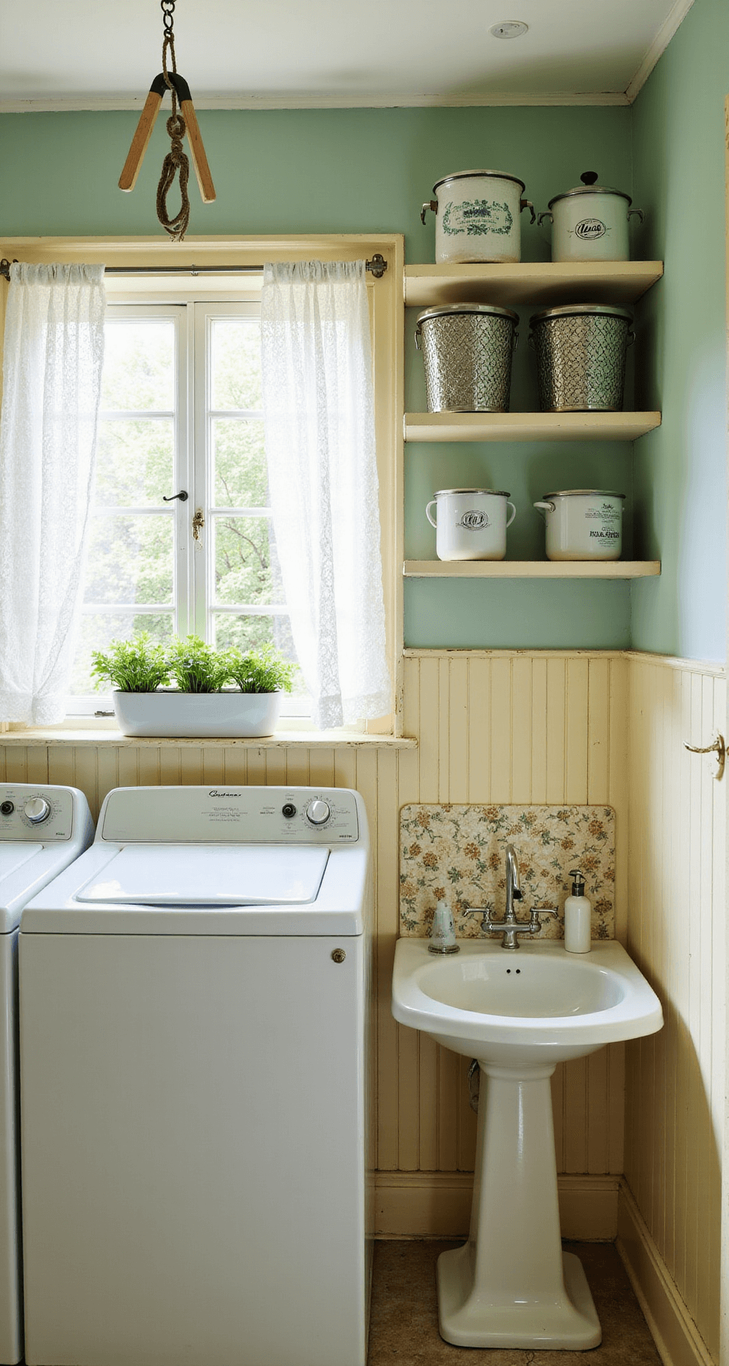 A cozy cottage-style laundry room featuring vintage white appliances, beadboard wainscoting in pale yellow, mint green upper walls, open distressed white shelves with enamelware, a floral-patterned pedestal sink, and a ceiling-mounted drying rack, all lit by soft natural light through lace curtains.