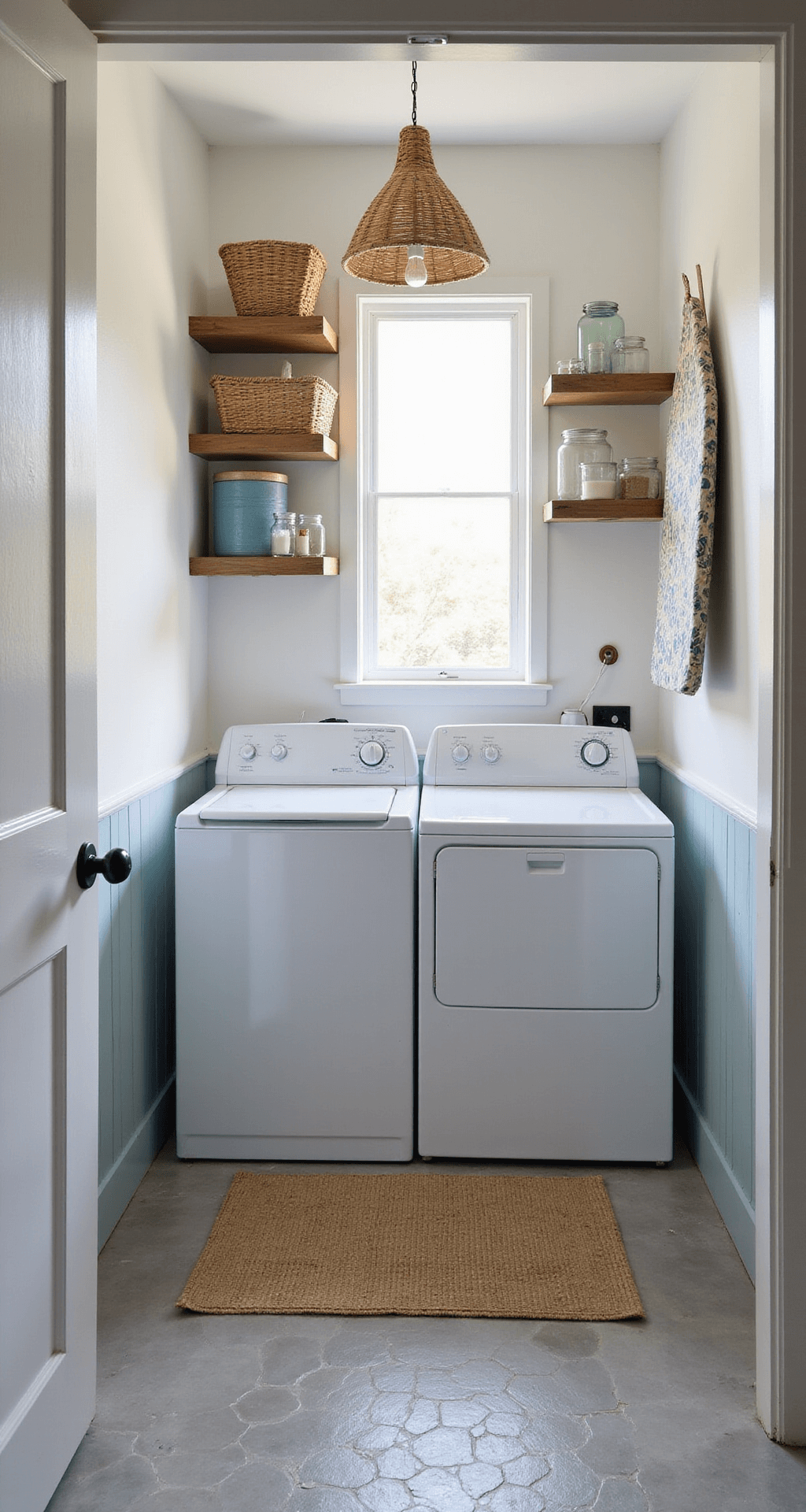 A compact laundry room illuminated by soft morning light, featuring a white stackable washer-dryer, pale blue cabinets, floating shelves with baskets and jars, a fold-down ironing board, hex tile flooring, and a rattan pendant light, all exuding a bright, airy coastal charm.