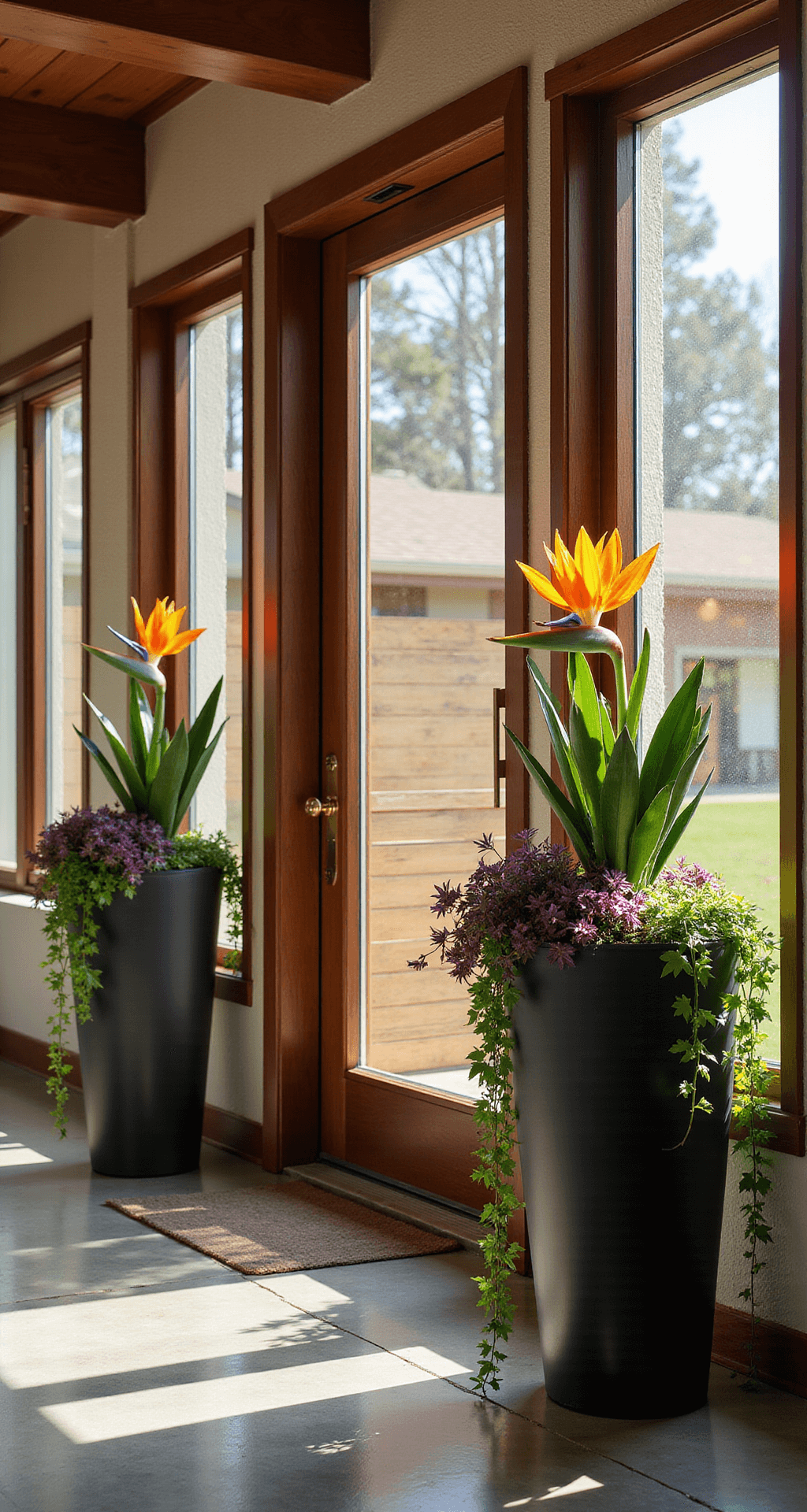 A sunlit modern entryway with a 12-foot ceiling, featuring symmetrical 4-foot matte black cylindrical planters on either side of a walnut door. Each planter holds a 6-foot Bird of Paradise, surrounded by purple-red Coleus and cascading English Ivy. Warm afternoon light streams through windows, creating dramatic shadows on polished concrete flooring and textured wallpaper, with brass door hardware visible. The scene is captured from a low angle to emphasize height.