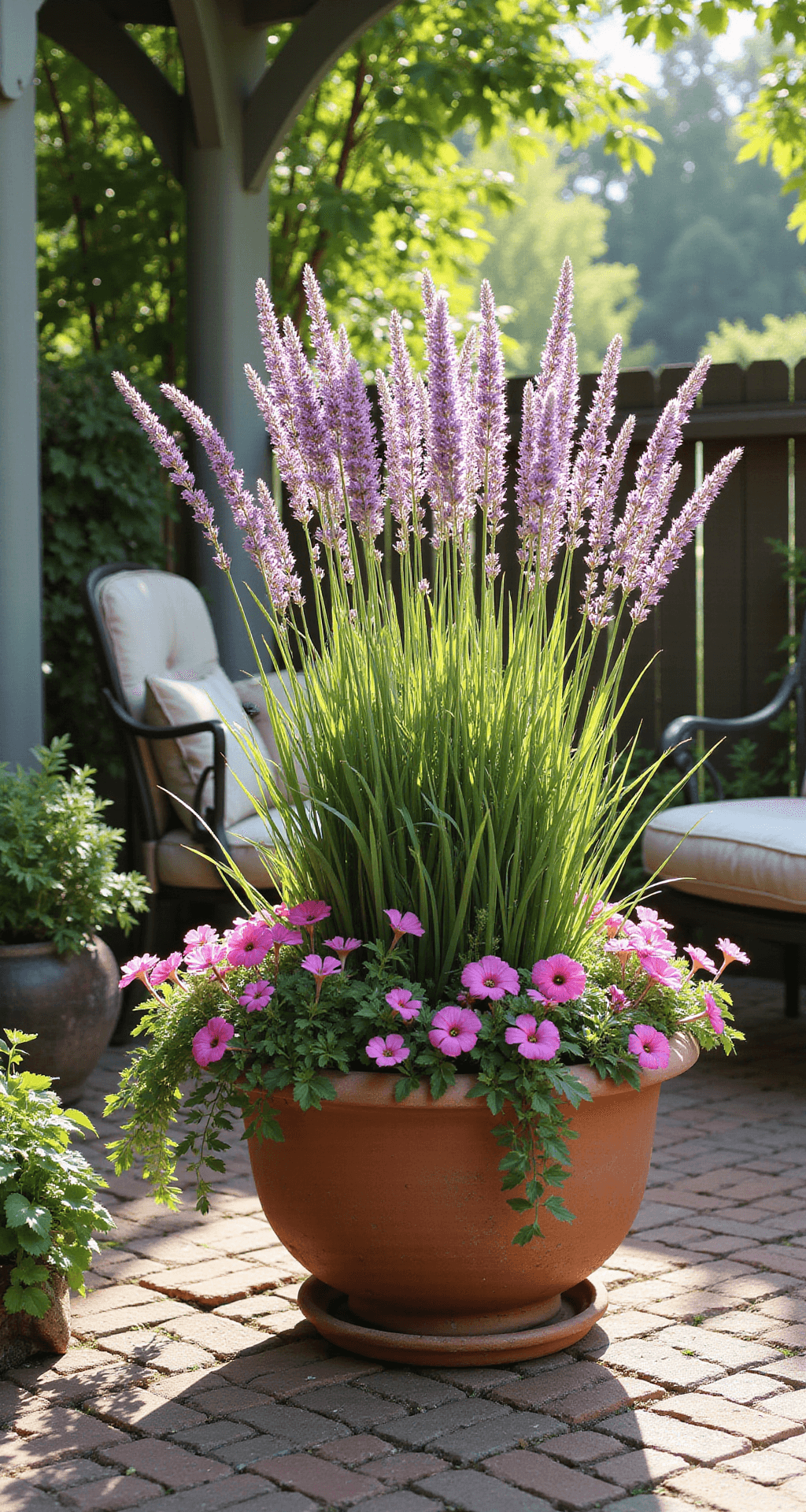 A cozy cottage-style patio corner featuring a terracotta planter with Purple Fountain Grass, surrounded by pink Geraniums and Creeping Jenny, set on aged brick pavers. Vintage iron furniture with faded cushions sits beneath a pergola, illuminated by dappled morning light in a palette of rustic terracottas, sage greens, and blush pinks.