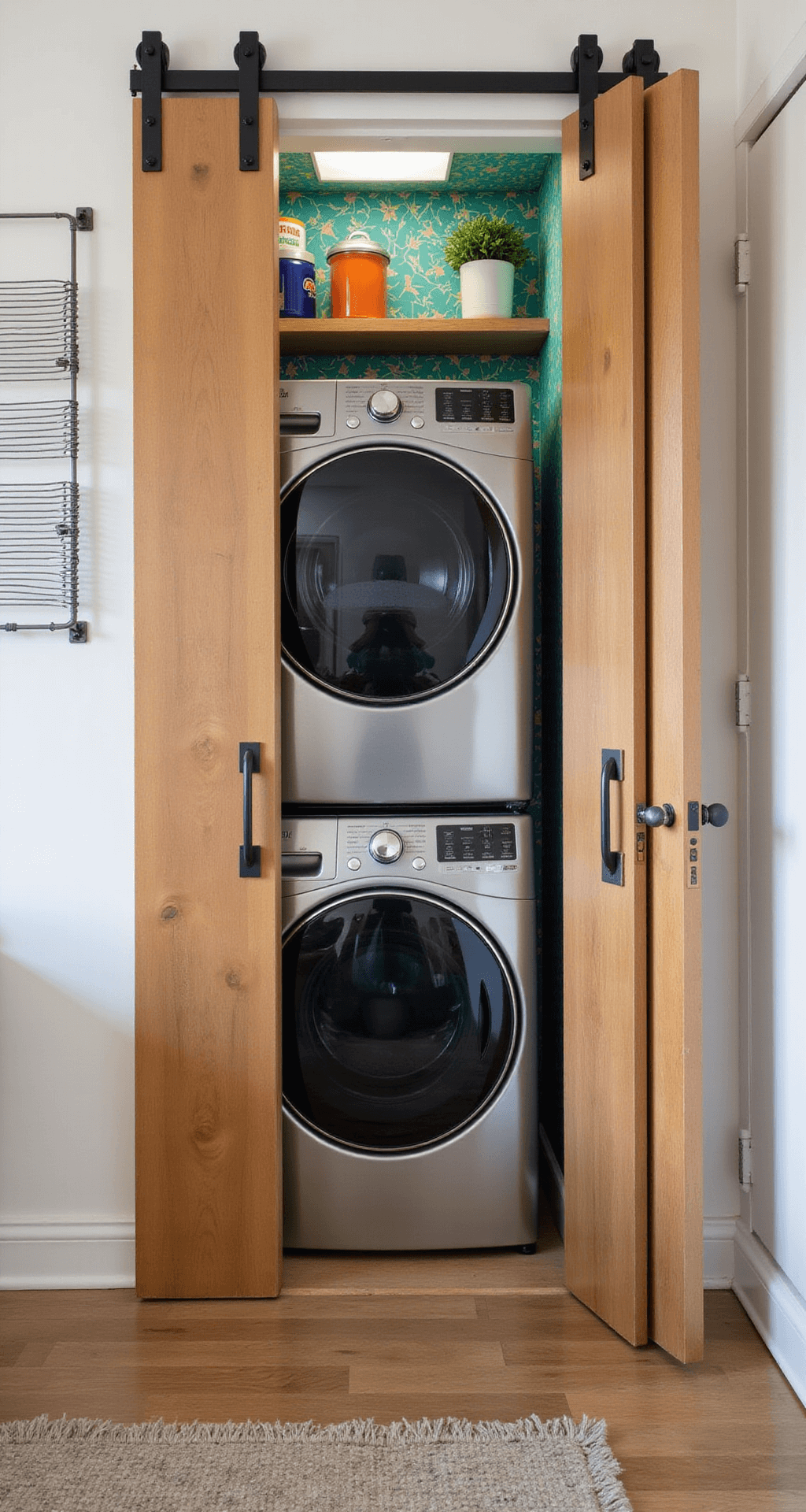 A narrow laundry closet with open sliding barn doors reveals a stacked stainless steel washer-dryer, a custom shelf with colorful canisters and a plant above, a tall white pantry cabinet with cleaning supplies, geometric teal and gold wallpaper, under-cabinet LED lighting, and a collapsible drying rack on the left wall, emphasizing luxurious styling in a tight space.