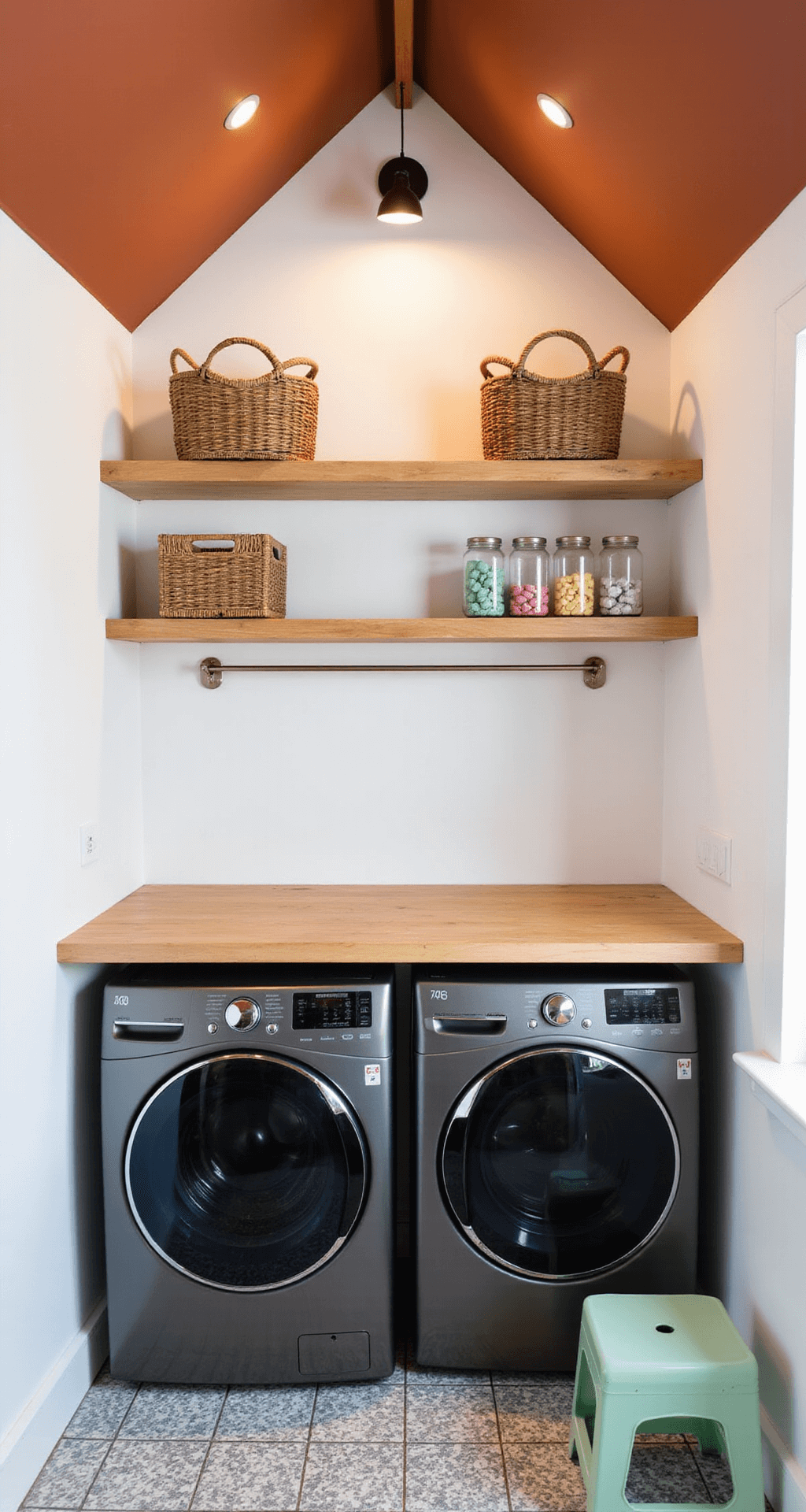 A cozy laundry nook under a staircase, featuring a black washer and dryer, a butcher block countertop, and warm terracotta walls illuminated by recessed lighting and a vintage sconce, with open shelving holding wicker baskets, colorful detergent pods, and a mint green step stool on patterned cement tile flooring.
