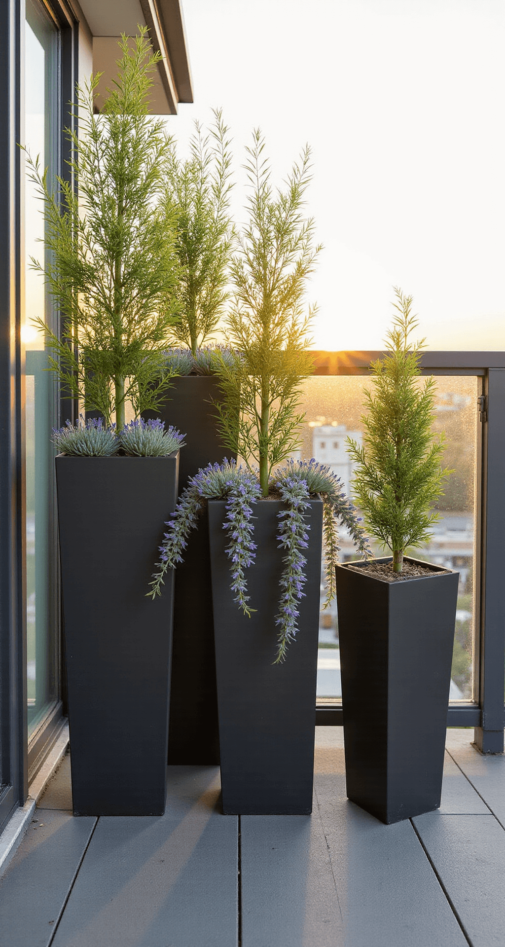 A contemporary balcony at golden hour featuring three ascending charcoal-colored tall planters with Bamboo stalks, Lavender underplanting, and Sweet Potato Vine. The glass railing reflects warm light, captured from above to highlight the geometric arrangement on composite decking with brushed steel details.