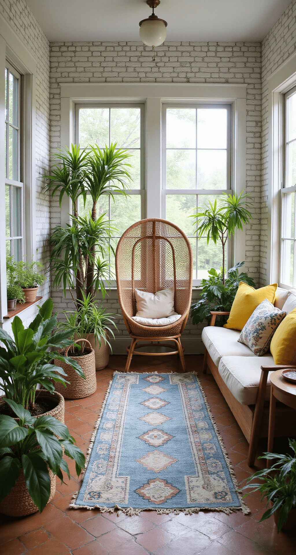 Bright and airy bohemian sunroom featuring whitewashed brick walls and terra cotta flooring, with a hanging rattan chair surrounded by potted palms and tropical plants. Layered vintage rugs in blues and creams add texture, while seating areas with natural fiber cushions and yellow accent pillows create a cozy atmosphere. Captured with a wide-angle lens, the image highlights the indoor-outdoor flow and vibrant botanical elements in high-key lighting.