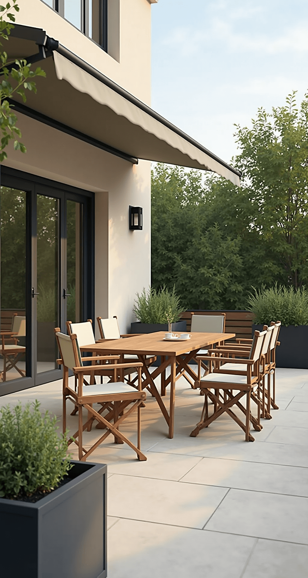 A sophisticated patio featuring a dining area with a wooden table and slim-profile director's chairs, alongside a lounge zone with comfortable seating. Built-in planter boxes filled with Mediterranean herbs line the perimeter, and a retractable awning casts dappled shade over the space, all set in a neutral color palette with olive and sage accents.