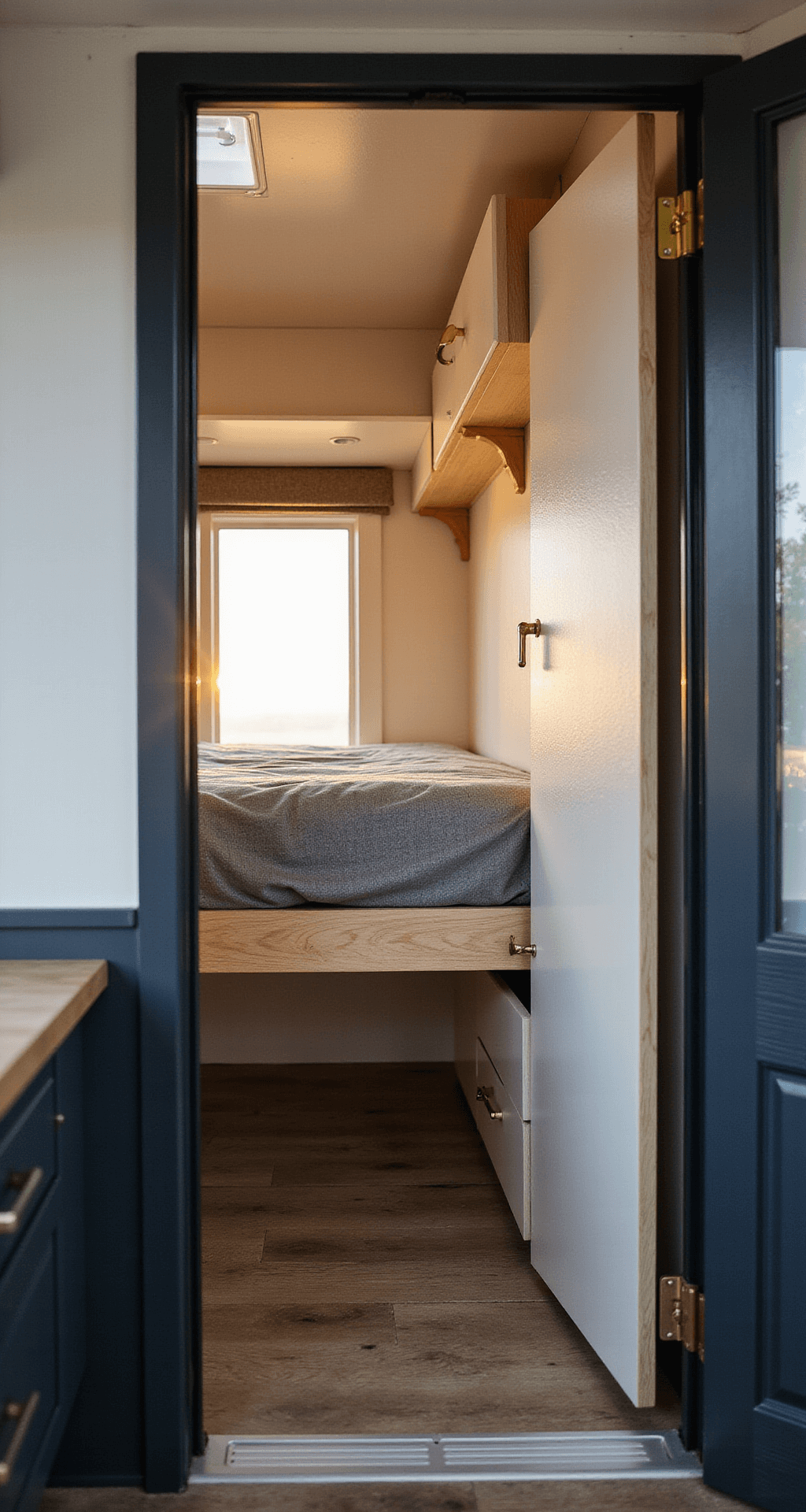 Interior of a modern 20ft camper at golden hour, showcasing a partially folded murphy bed and built-in storage, illuminated by natural light through frosted windows, against ivory walls and warm wood accents, featuring a navy and grey color scheme with brass hardware, and a compact dining nook with a drop-leaf table, captured with a soft depth of field focusing on the bed mechanism.
