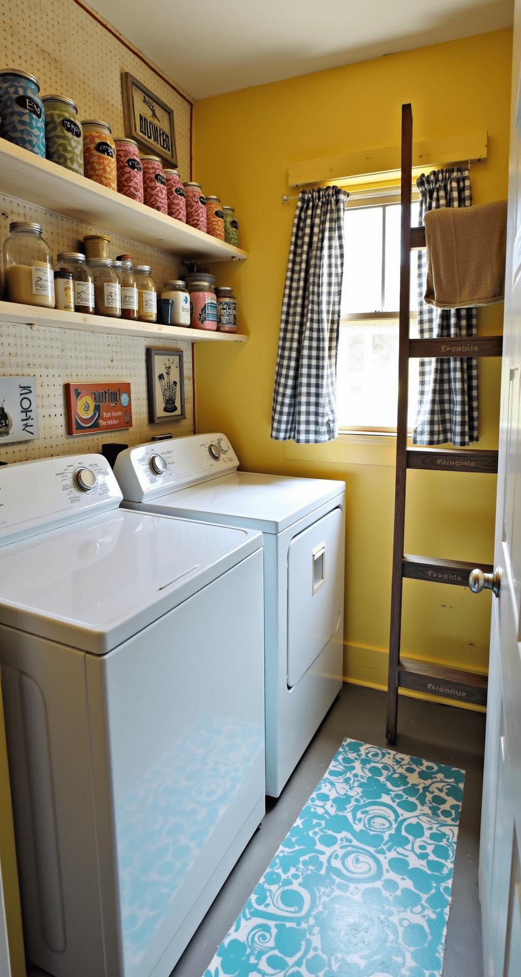 A bright and playful DIY laundry room featuring white appliances decorated with colorful washi tape, above which are pine shelves with mason jars labeled with chalkboard tags. The sunny yellow pegboard on the back wall holds tools, while a repurposed ladder drapes drying clothes. Vintage laundry advertisements frame the left wall, and sunlight filters through a small window with a gingham curtain, illuminating a stenciled blue faux rug on the concrete floor.