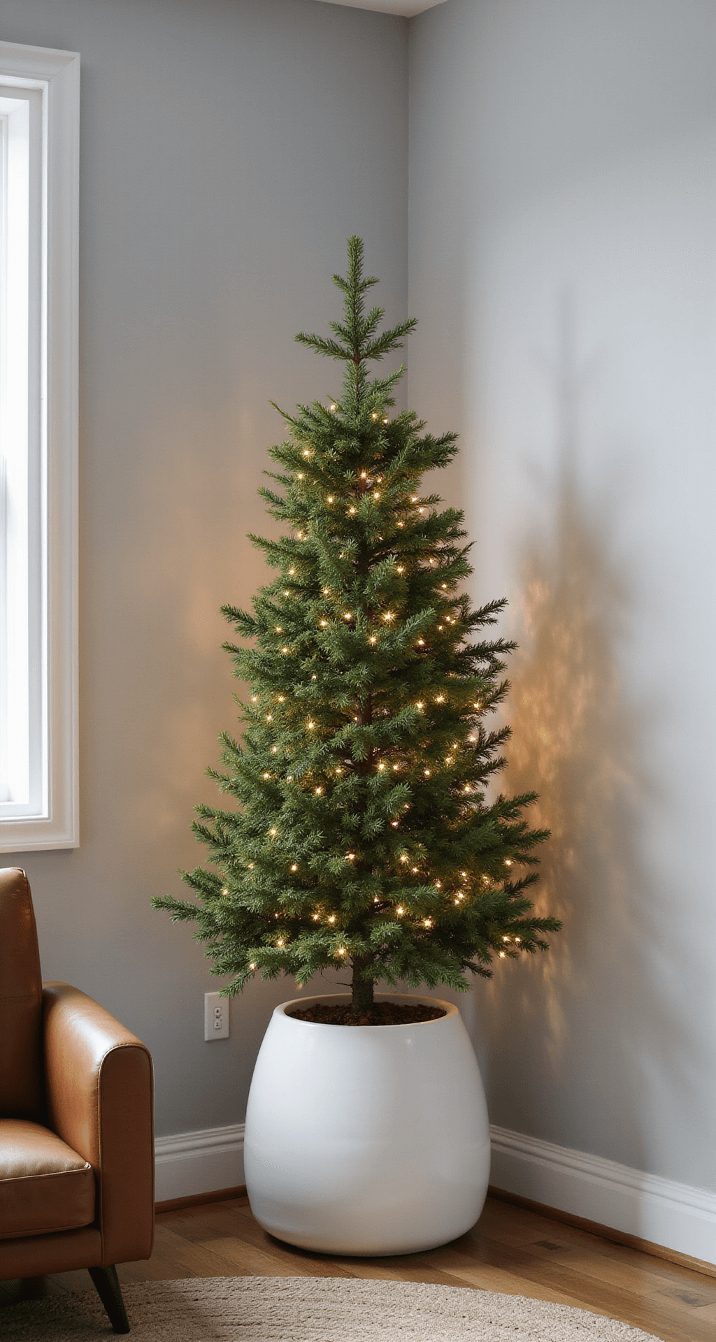 A minimalist living room corner with 10' ceilings featuring a 5' white ceramic planter housing an Alberta Spruce draped in warm LED string lights, complemented by a modern leather armchair and woven area rug, against light gray walls and subtle metallic accents.