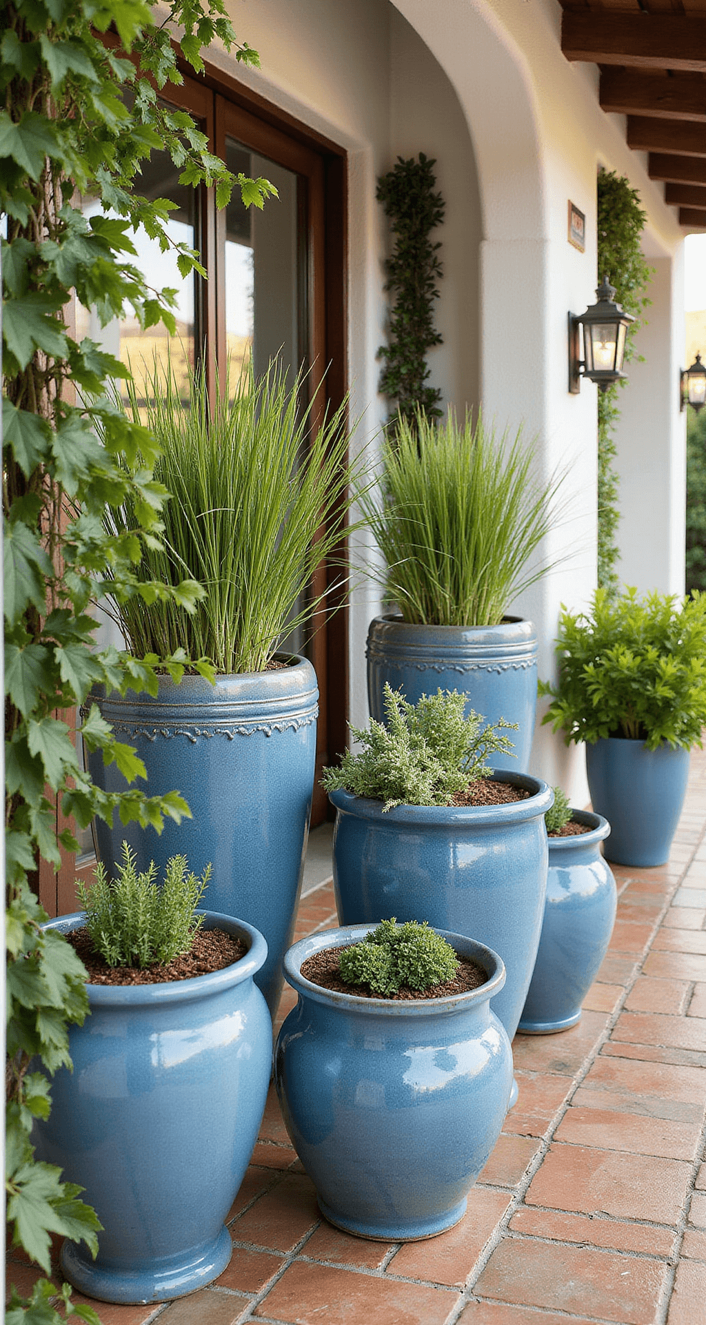A Mediterranean-inspired covered patio featuring blue glazed planters with lemongrass, catmint, and vinca vine, under late afternoon light casting strong shadows on mosaic tile flooring and whitewashed walls, in azure, silvery green, and warm terracotta colors.