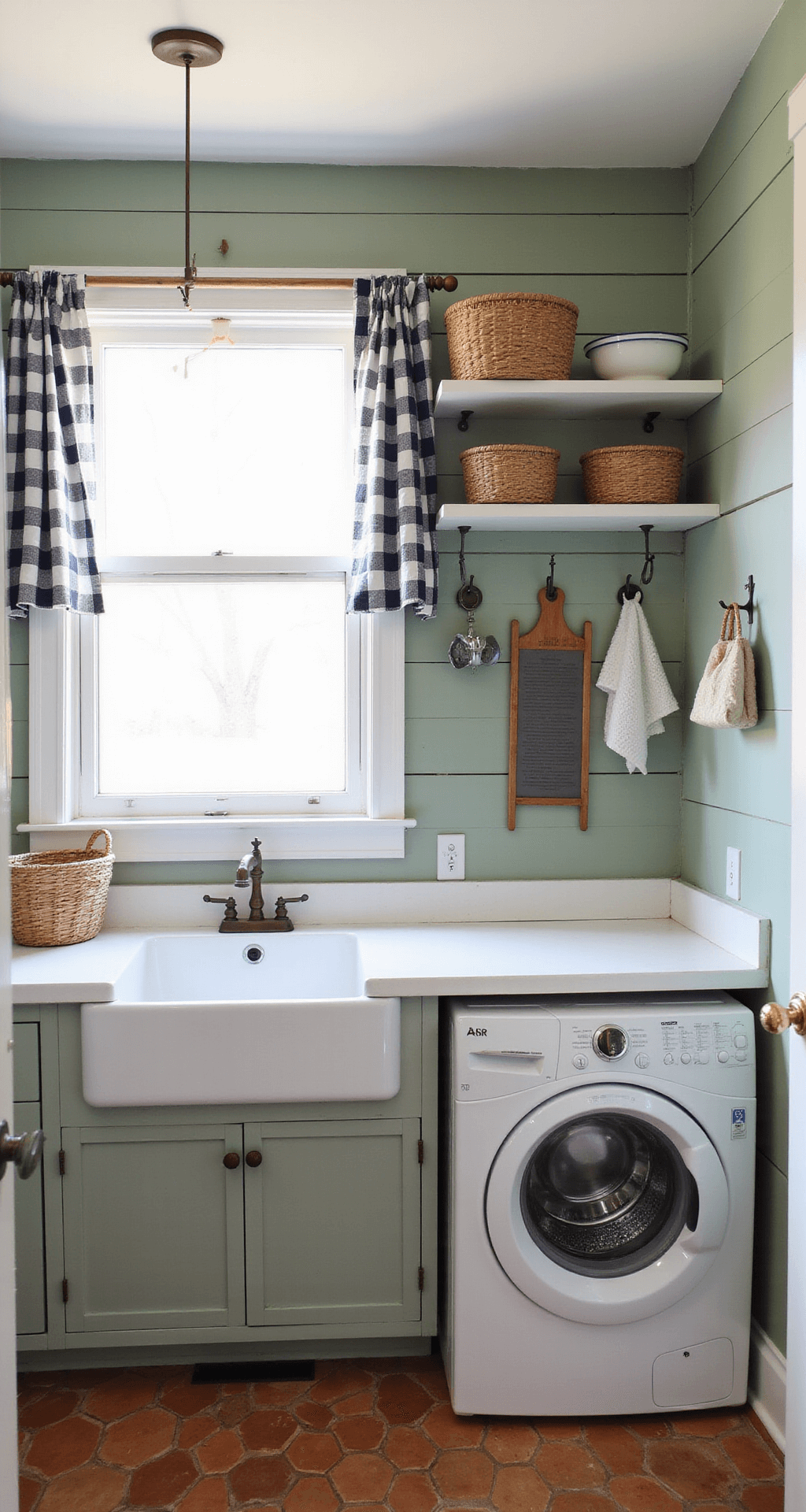A stylish laundry room featuring a white apron-front sink, stackable washer-dryer, and open shelving, with sage green shiplap walls, buffalo check curtains, woven baskets, and hexagonal terracotta tiles, showcasing a blend of modern functionality and rustic charm.