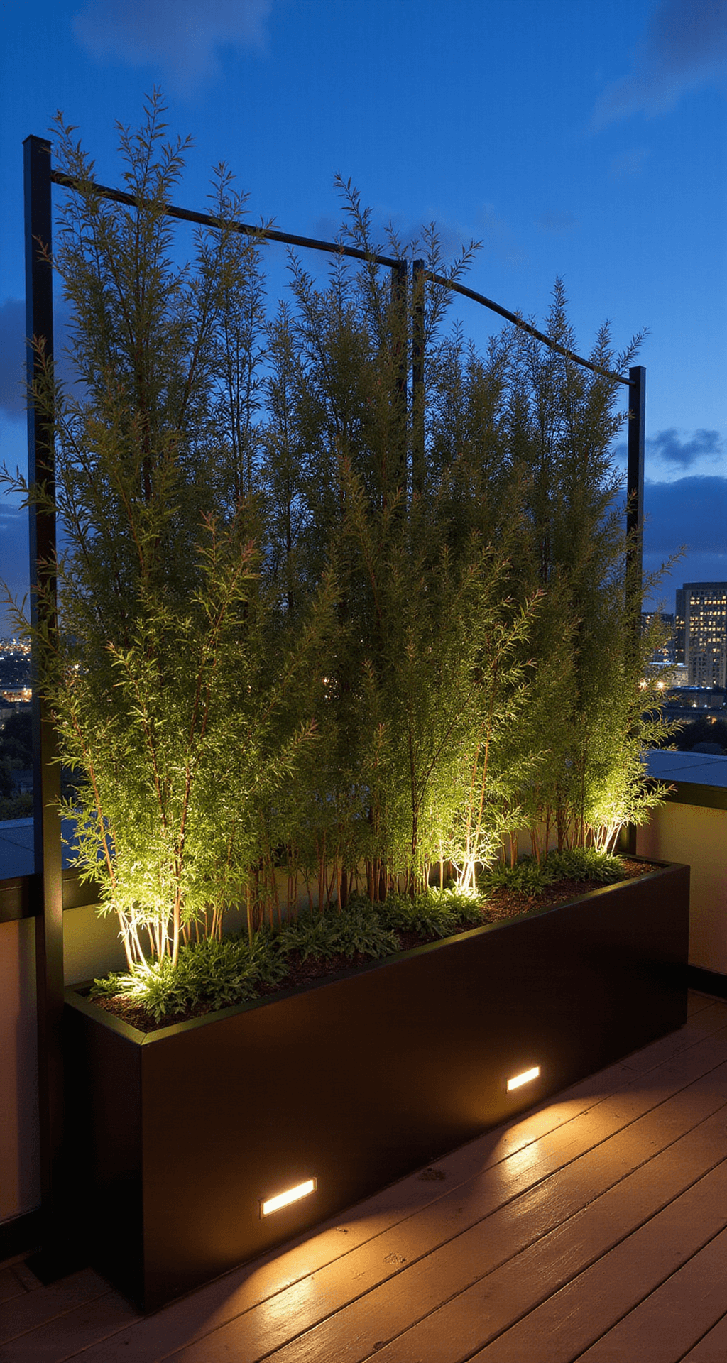 A cozy urban rooftop garden at twilight, featuring black metal planters filled with tall bamboo, vibrant lantana flowers, and trailing string of hearts. City lights twinkle in the background, while built-in bench seating and cedar decking enhance the intimate setting, illuminated by uplights and lanterns.