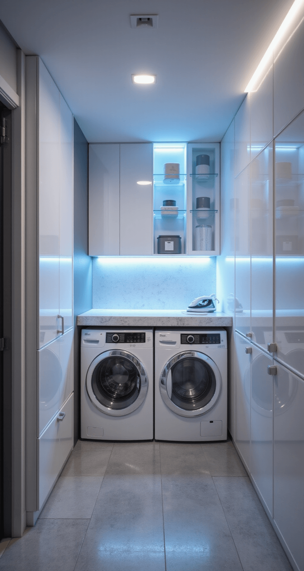An ultra-modern 4x8 ft laundry room featuring glossy white cabinets, a backlit panel with adjustable LED lighting, a floating quartz countertop, illuminated glass shelves, a floor-to-ceiling mirror, and a built-in ironing station, with sleek, metallic porcelain tile flooring and integrated task lighting, all captured from a low angle to highlight its futuristic design.