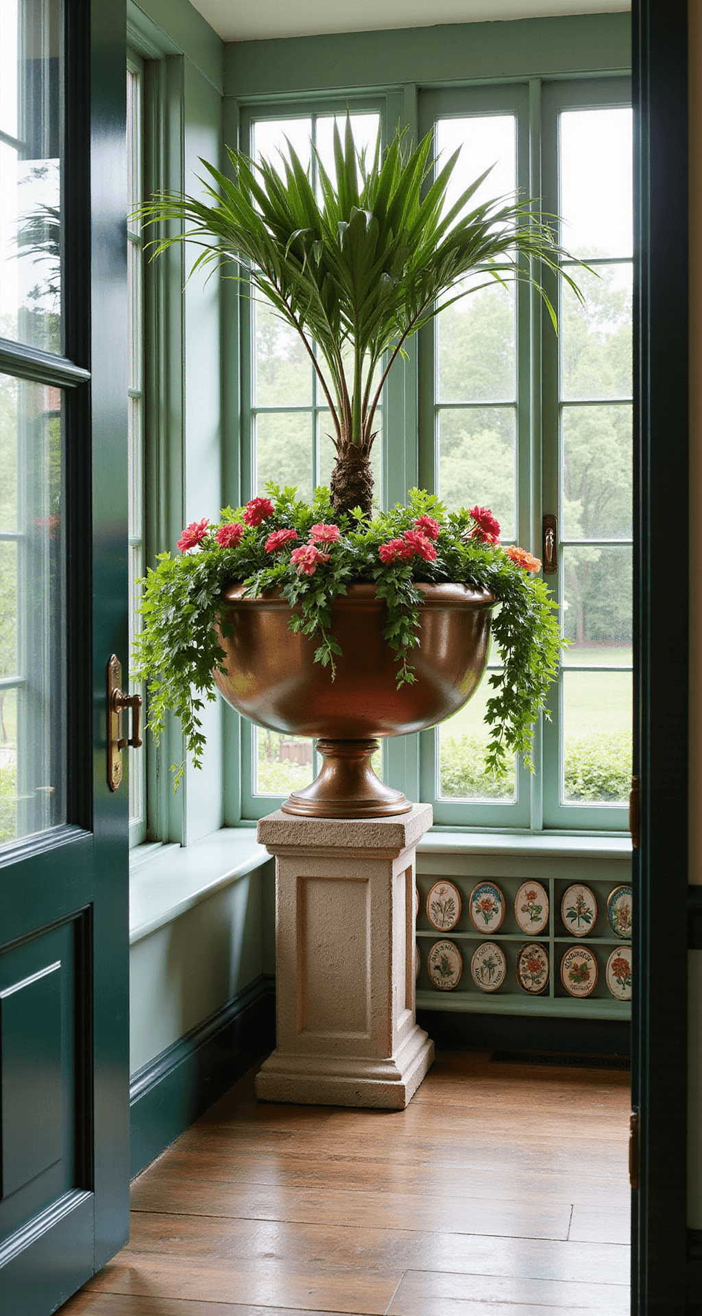 A bright conservatory corner with a 5' antiqued copper planter on a carved stone pedestal, showcasing a dramatic palm surrounded by multicolored Begonias and trailing Ivy, illuminated by morning light through greenhouse panels. The scene is viewed from the entrance doorway, featuring vintage botanical prints and a ceramic collection display in a rich jewel-tone color palette with metallic accents.