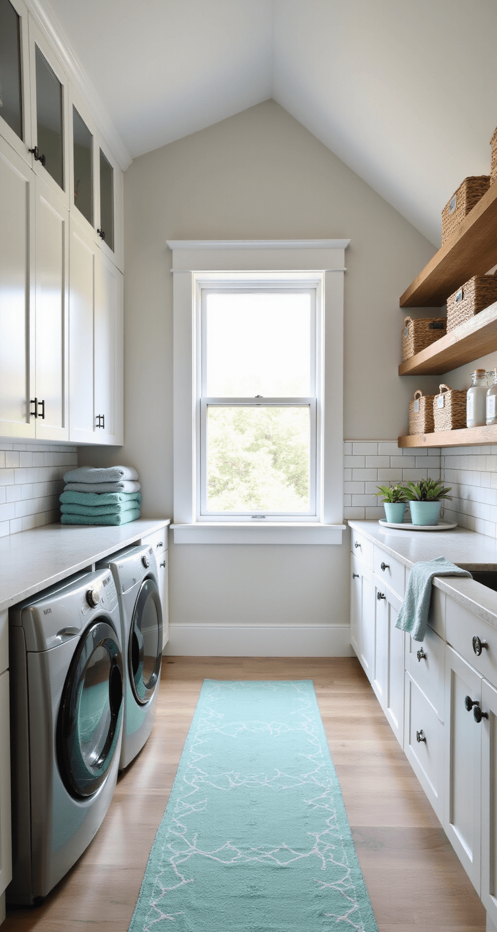 Bright and airy laundry room featuring vaulted ceilings, large windows, white subway tile walls, light oak flooring, sleek silver washer and dryer, floor-to-ceiling white cabinets, quartz countertop, open shelving with baskets and jars, and a mint green geometric runner, all illuminated by natural sunlight.