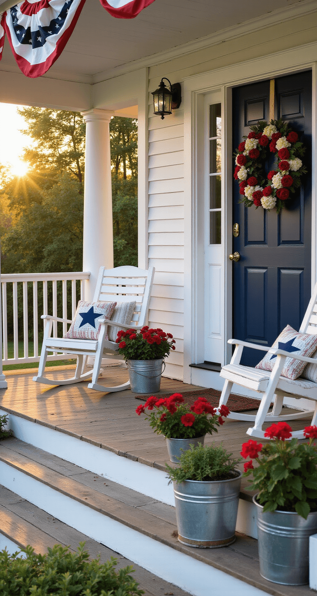 A 12x20ft wraparound farmhouse porch at golden hour features vintage white rocking chairs, a navy blue door with a handcrafted hydrangea and flag wreath, and white railings draped with navy and red striped bunting. Weathered wooden floorboards hold galvanized buckets of red geraniums, and layered throw pillows in stars and stripes adorn the seating. The scene is captured from a low angle, with golden light streaming through white columns, casting dramatic shadows.