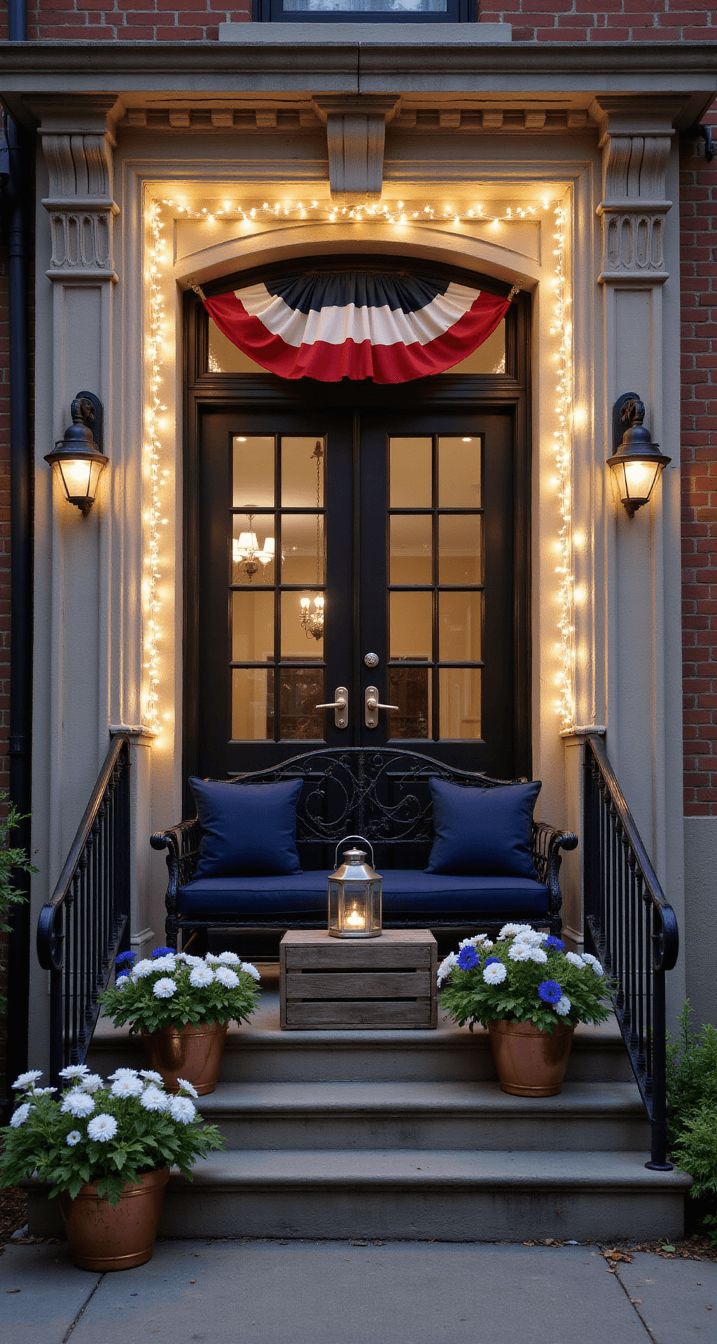 Intimate urban brownstone stoop at dusk, featuring white string lights, an antique metal bench with navy cushions, a distressed wooden crate with a lantern, red/white/blue bunting, and overflowing copper planters with flowers.