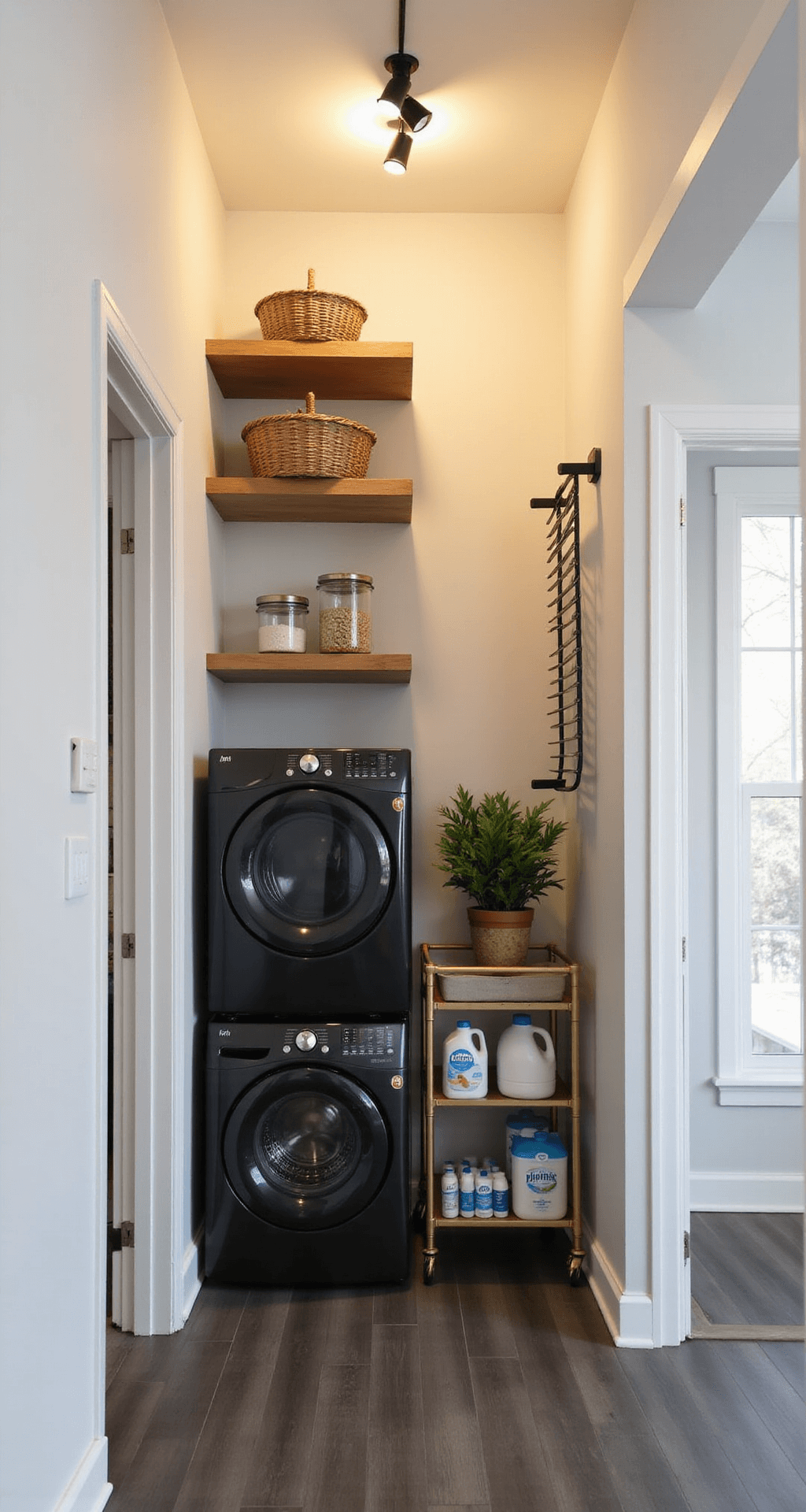 A cozy laundry nook in a hallway alcove features a stacked black washer and dryer, a rolling cart for supplies, wooden floating shelves with baskets, and a wall-mounted drying rack, all illuminated by warm LED lighting.