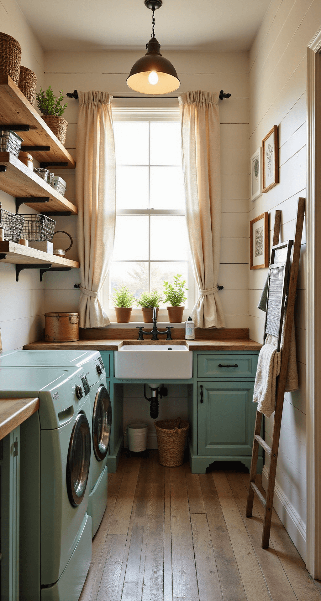 A cozy farmhouse-inspired laundry room with shiplap walls, vintage mint green washer and dryer, reclaimed wood counter, and daylight streaming through sheer curtains, highlighting distressed wood flooring and decor items like herb planters, wire baskets, and botanical prints.