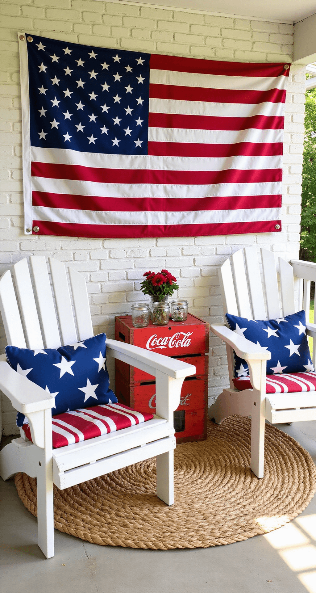 Sun-drenched suburban front porch featuring oversized American flag, white Adirondack chairs with red/blue striped cushions, a vintage Coca-Cola crate as a drink station, and a natural woven rug, captured from a corner angle to emphasize depth and layered styling.