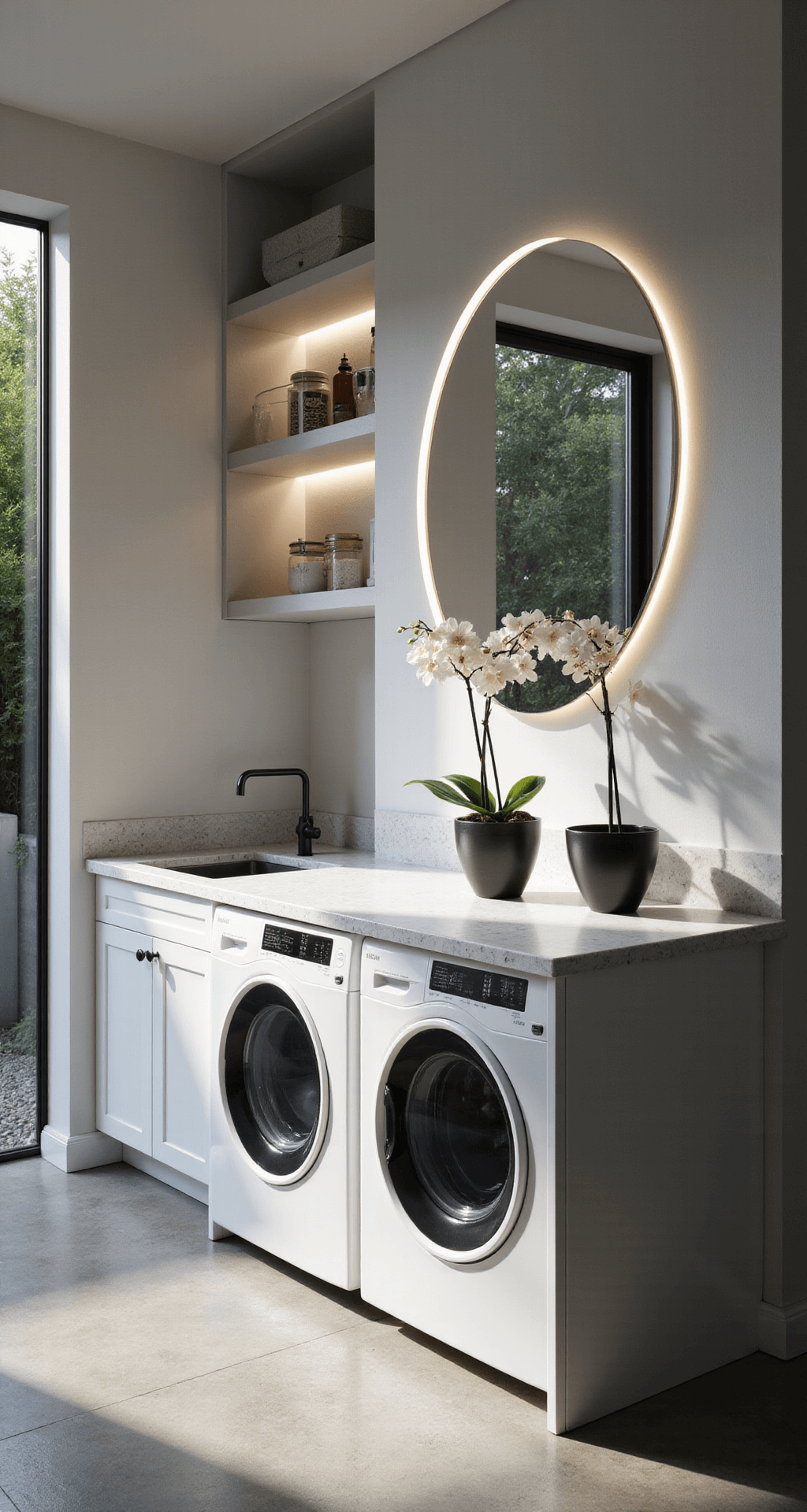 A modern, minimalist laundry room with floor-to-ceiling windows overlooking a zen garden, featuring a wall-mounted washer and dryer, sleek folding station, and backlit floating shelves, all highlighted by late morning light and polished concrete floors.