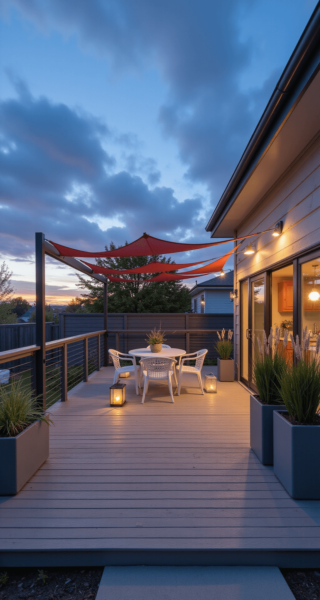 A modern covered deck at sunset features gray composite decking, white metal furniture, suspended fabric panels in red, white, and blue, LED rope lighting, oversized lanterns, and architectural grasses in geometric planters, all set against a dramatic sky.