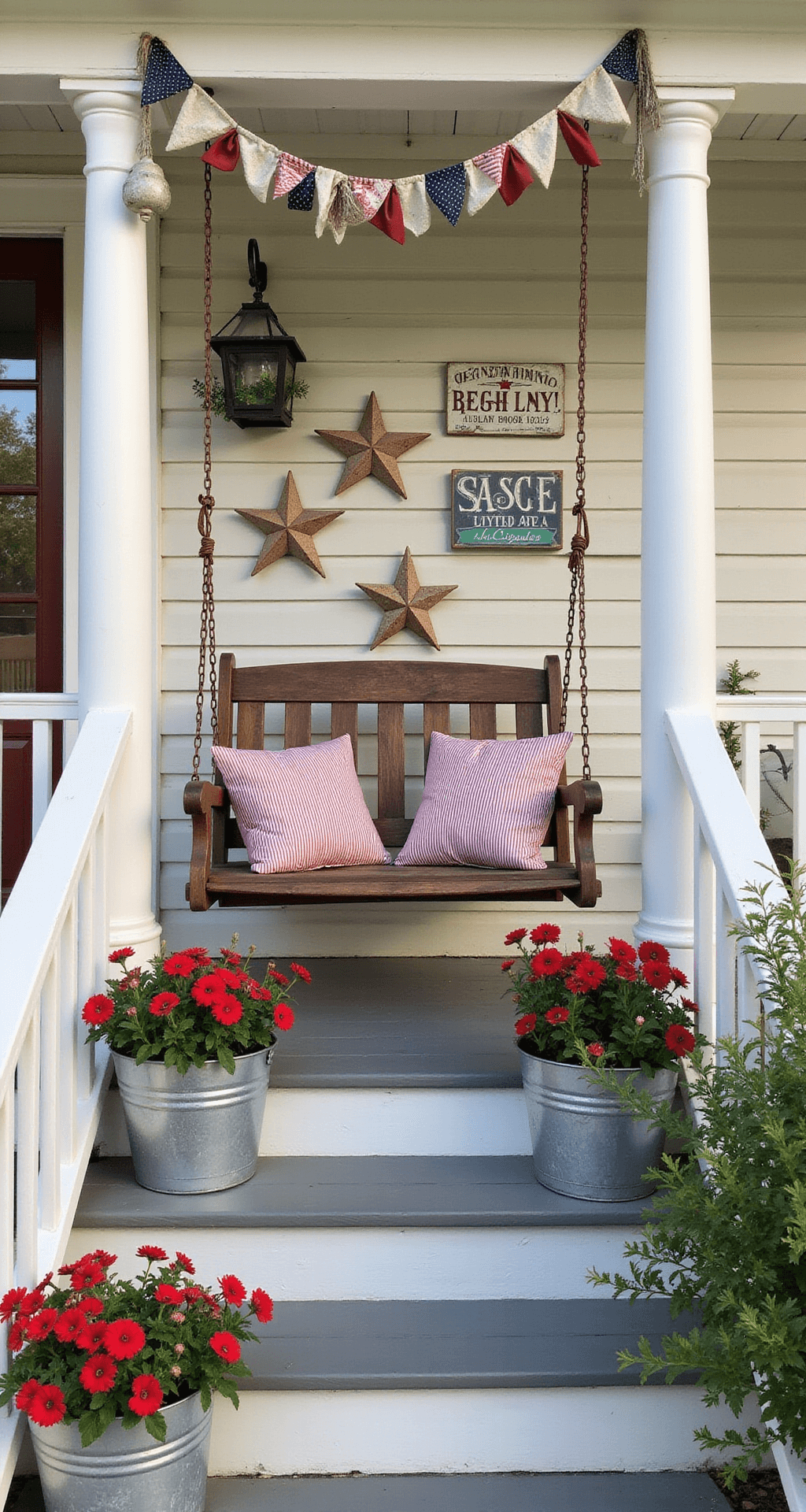 Charming cottage porch in morning light, featuring a white picket railing with fabric bunting, an antique swing with striped cushions, vibrant flowers in galvanized containers, and a gallery wall of vintage patriotic signs and wooden stars.