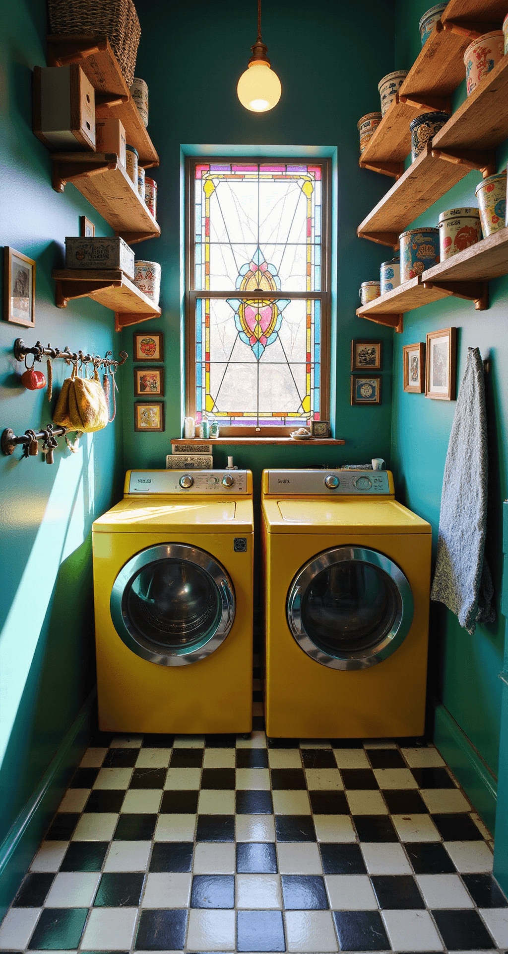 A colorful laundry room featuring a vintage yellow washer and dryer, bold teal walls, and a black and white checkered floor, illuminated by sunlight through a stained glass window. Open copper pipe shelving displays vibrant baskets, and a fold-down ironing board adds artistic flair. Mismatched hooks and a gallery wall of quirky prints enhance the room's whimsical character.