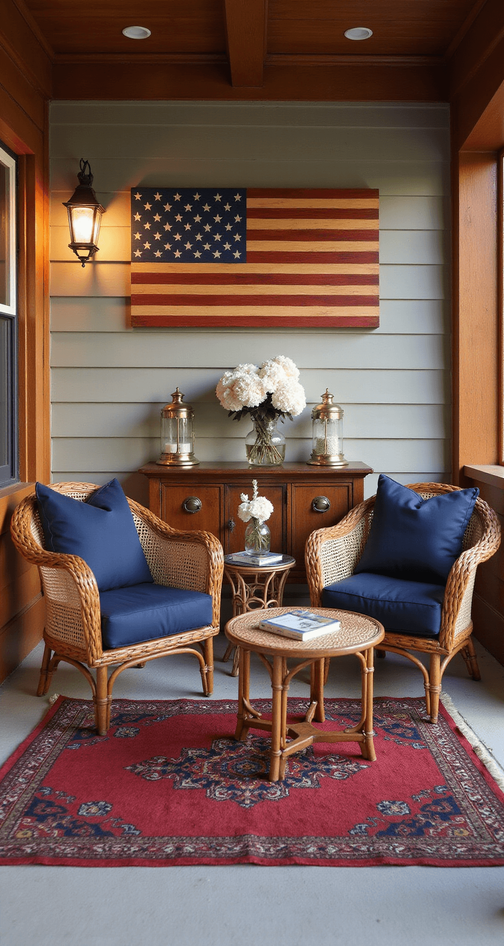 A cozy 10x10ft craftsman porch at magic hour, featuring rich wood trim, warm brass lanterns, woven rattan furniture with navy cushions, a handcrafted wooden flag art above a vintage console table styled with mercury glass and white hydrangeas, and a red oriental runner adding texture.