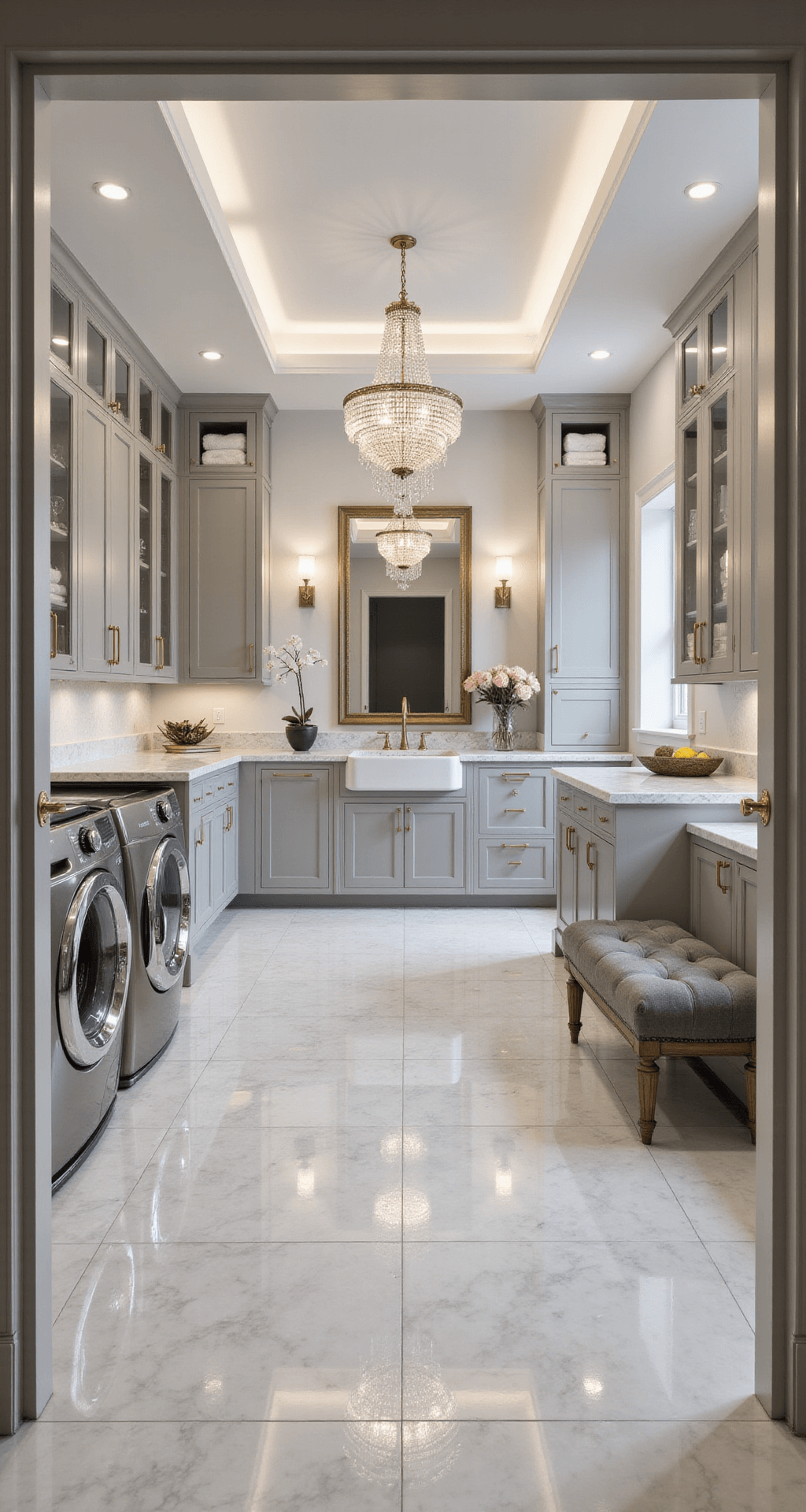 A luxurious spa-like laundry suite featuring marble herringbone floor tiles, high-end brushed platinum washers and dryers, a massive quartz island, and elegant glass-front cabinets, all illuminated by soft recessed lighting and a grand crystal chandelier.