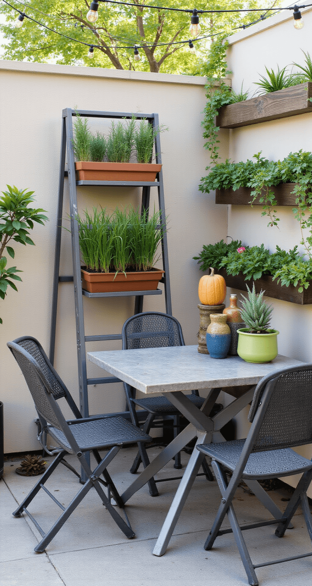 A petite 5x8ft patio bathed in morning light featuring a space-saving ladder shelf with a portable herb garden, a powder-coated steel folding café table, stackable aluminum chairs with quick-dry mesh, mounted wall planters for vertical gardening, and a string light canopy, all showcasing an industrial-meets-botanical aesthetic in charcoal, white, brushed metal, and green accents.