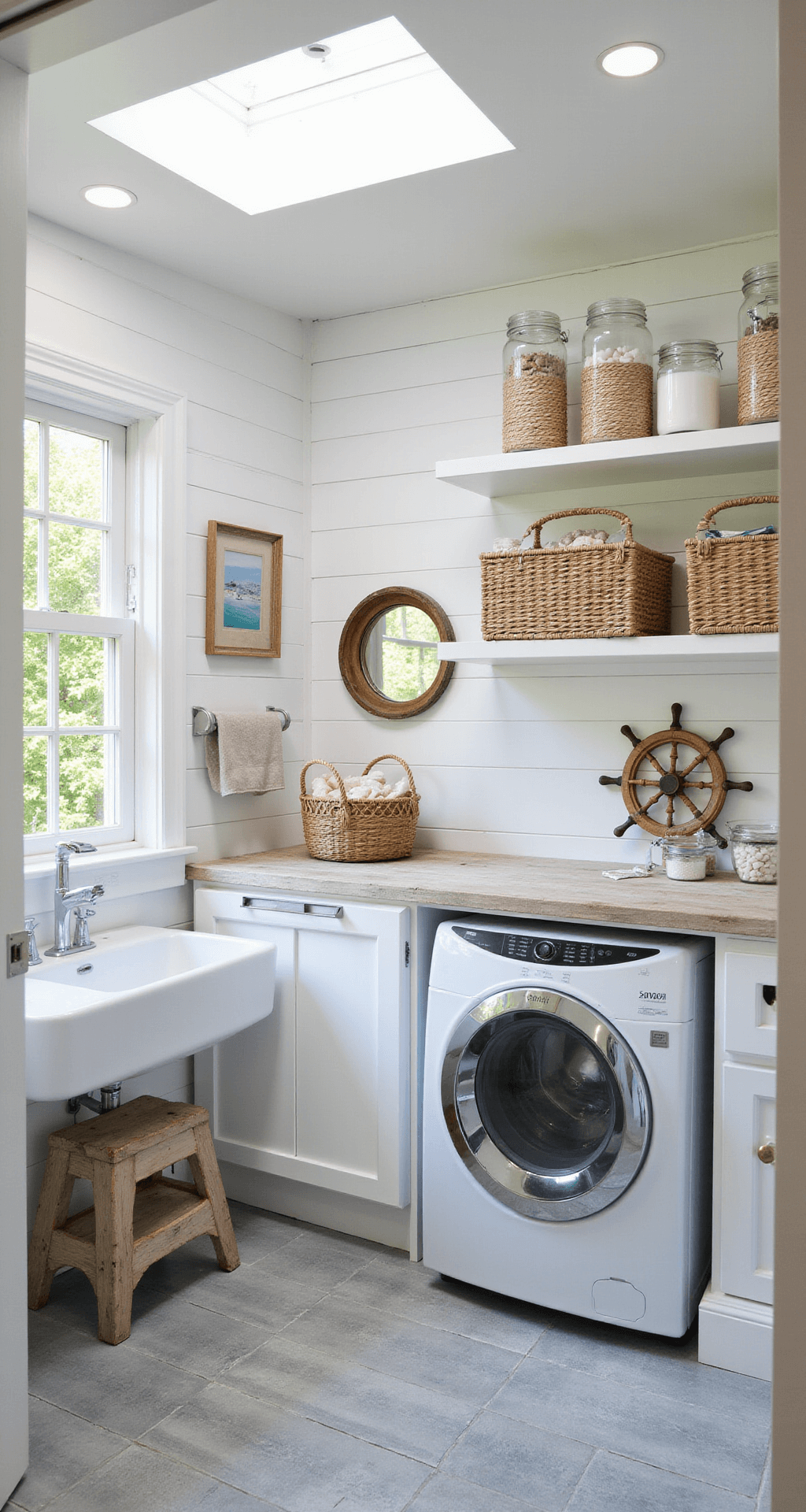 A bright coastal-inspired laundry room featuring white beadboard walls, weathered blue-gray wooden floors, and a driftwood-inspired countertop over a white front-loading washer and dryer, accented by seagrass baskets and seashell-filled jars on open shelves, with a wall-mounted drying rack resembling a ship's wheel and nautical decor, viewed from a low angle.