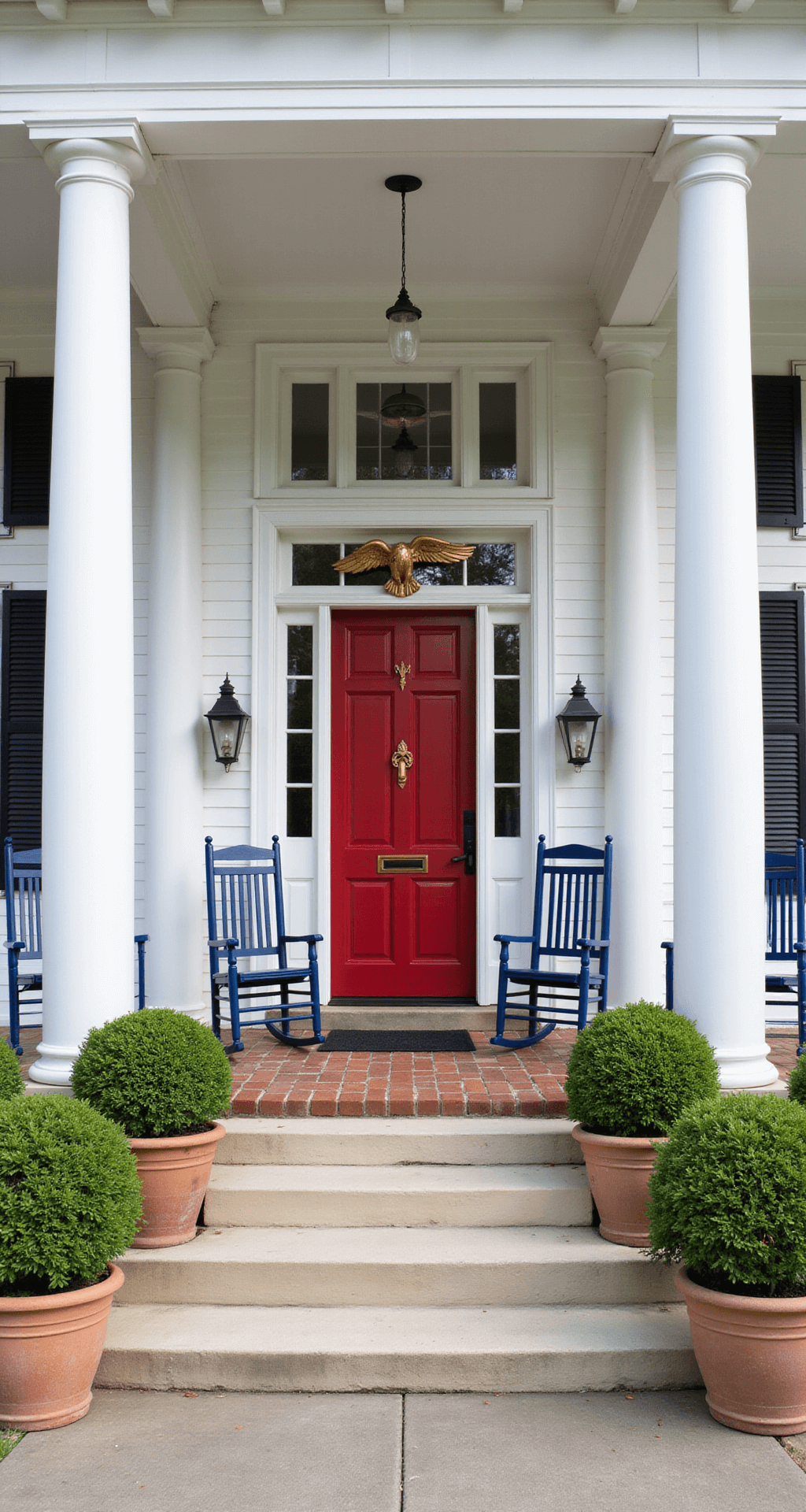 Grand colonial portico entrance featuring soaring white columns, a classical red door with an oversized eagle door knocker, and an arranged set of marine blue rocking chairs. Flanked by formal boxwood planters with red, white, and blue annual flowers, traditional gas lanterns enhance the historical charm.