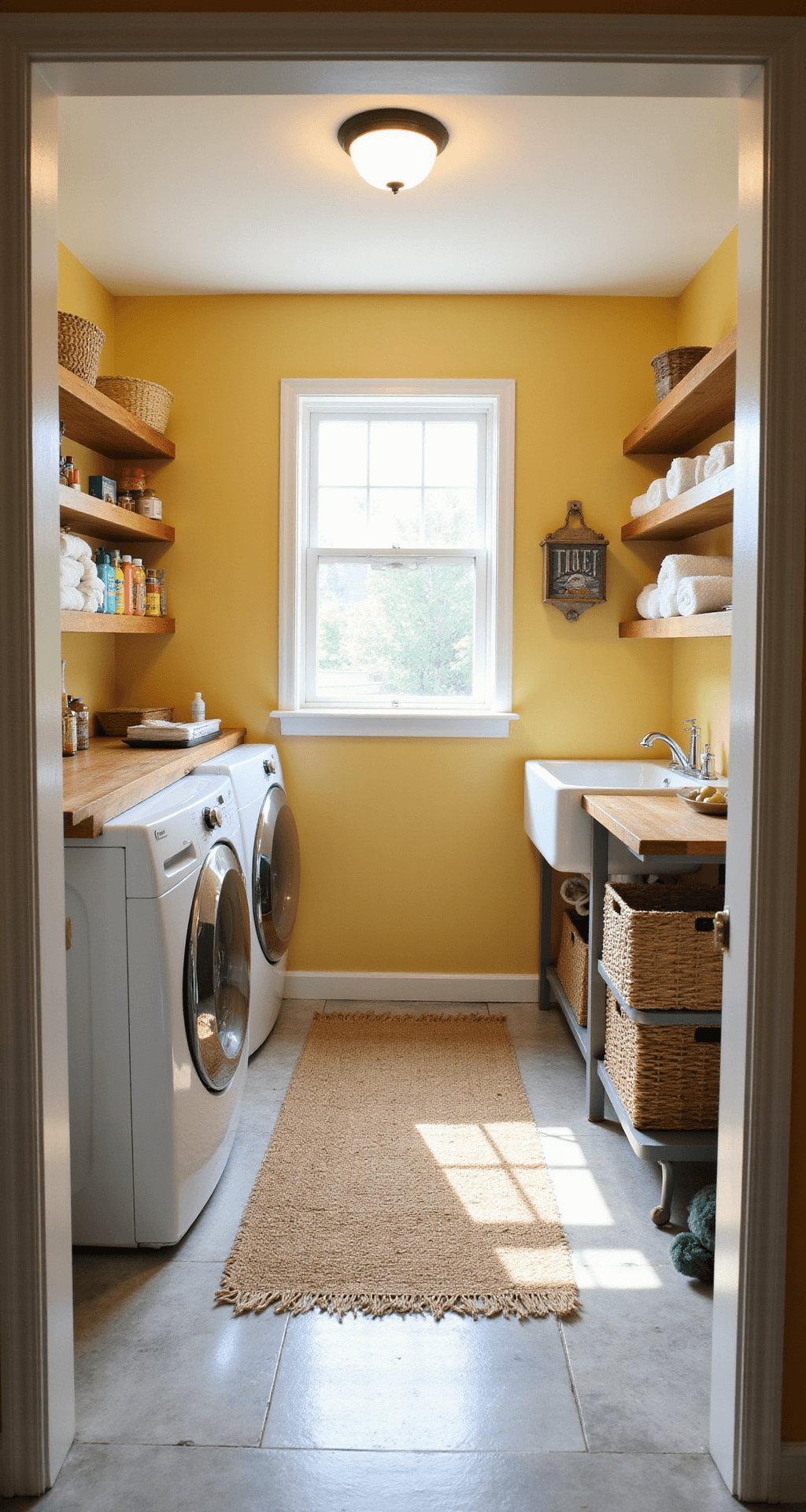 Bright and inviting basement laundry room with yellow walls, featuring a white washer and dryer, butcher block countertop, farmhouse sink, and playful decor, all illuminated by afternoon sunlight.