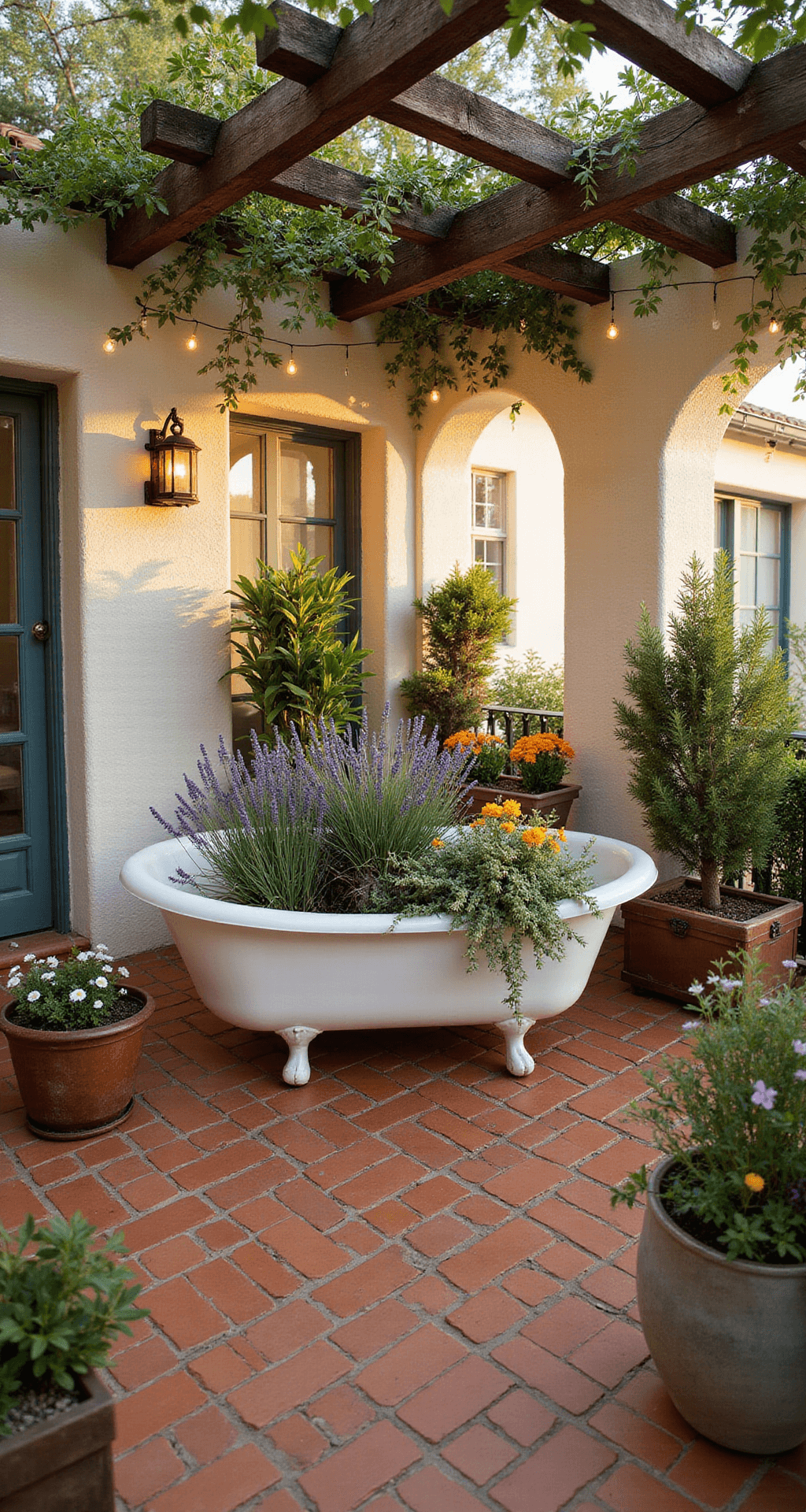 A Mediterranean-inspired terrace during golden hour, featuring herringbone terracotta tiles and whitewashed stucco walls. A repurposed clawfoot bathtub filled with olive branches, lavender, and rosemary serves as a centerpiece, surrounded by vintage suitcase planters overflowing with colorful flowers. A rustic wooden pergola casts dappled shadows, while string lights add a warm glow, creating a romantic atmosphere.