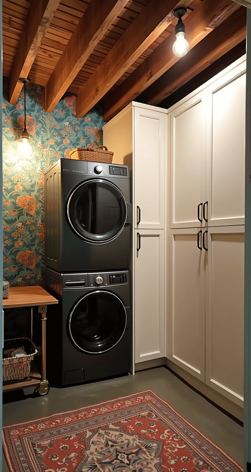 A cozy basement laundry nook featuring exposed wooden beams, warm Edison bulb lighting, bold floral wallpaper in teal and coral, a matte black stacked washer and dryer, creamy white built-in cabinets, an antique brass laundry cart, a reclaimed wood folding table, and rich walnut-stained concrete floors partially covered by a vintage Persian rug.