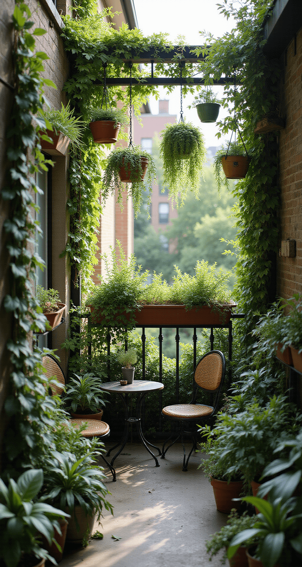 A compact urban balcony transformed into a lush vertical garden with floor-to-ceiling railing planters of ferns and ivy, colorful colanders hanging with herbs, and a small wrought iron bistro set, all bathed in soft morning light creating intricate shadows.