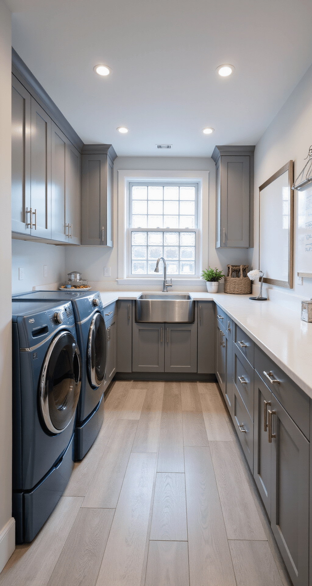 A modern basement laundry room featuring sleek gray cabinetry, a white quartz countertop, a large farmhouse sink, and metallic blue washer and dryer on a raised platform, illuminated by cool morning light through frosted glass block windows, with a magnetic whiteboard and air-drying rod on the back wall, all set on light oak luxury vinyl plank flooring.