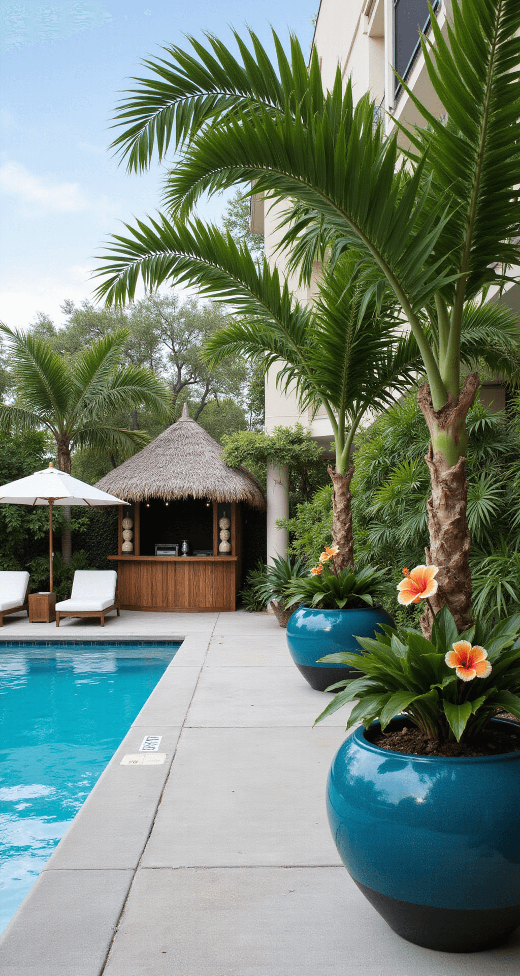 An expansive poolside patio features sleek concrete flooring, lush tropical plants in oversized ceramic planters, and bright hibiscus flowers. Crisp white loungers and umbrellas offer relaxation, while a tiki bar adds a playful touch. The camera captures reflections in the pool water, enhanced by bright, high-contrast lighting for a resort-like feel.