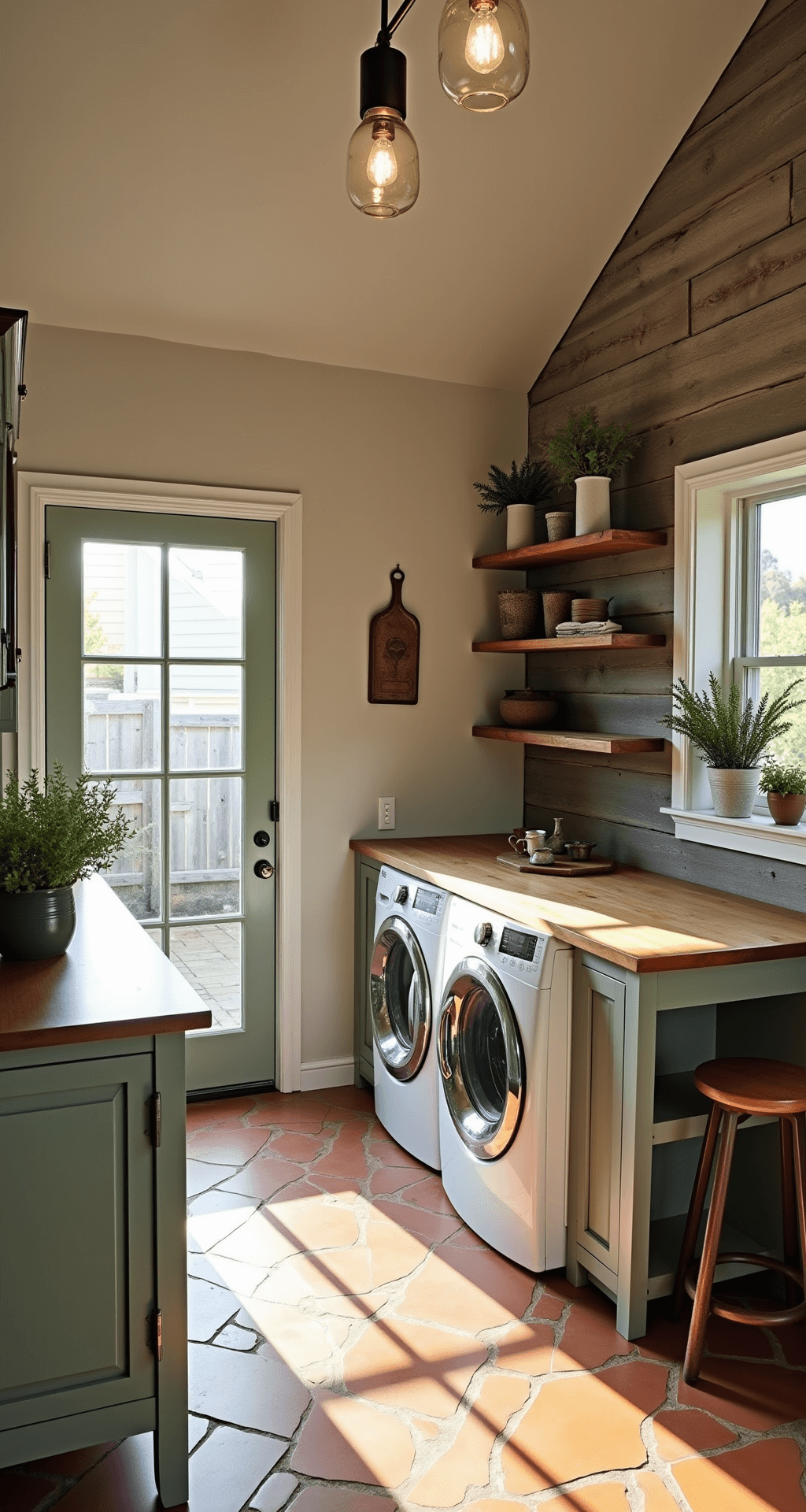 A cozy rustic-chic basement laundry room with a vaulted shiplap ceiling, featuring a farmhouse table, vintage decor, and warm sunlight streaming in through French doors, creating a relaxed and inviting atmosphere.