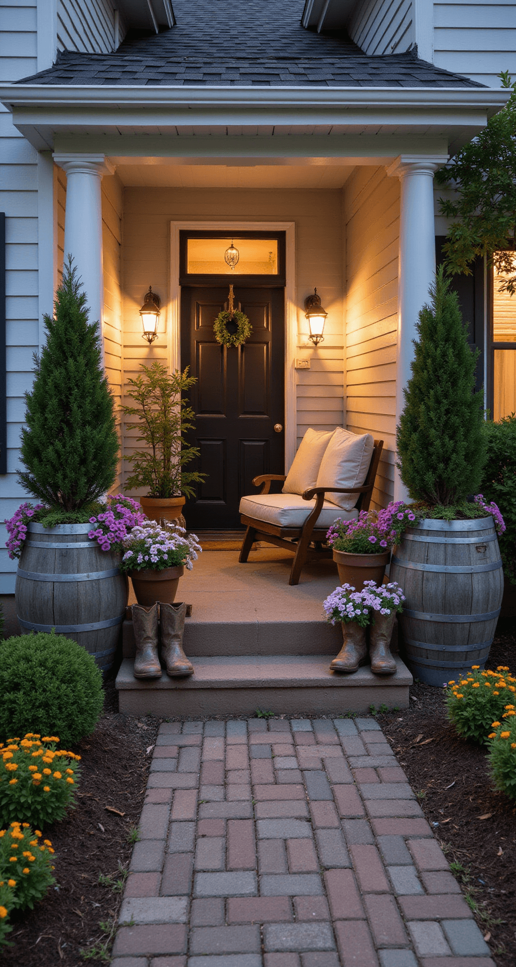 A cozy cottage front porch at twilight, featuring twin oversized barrel planters with evergreen topiaries and cascading petunias, vintage work boots as quirky planters with marigolds, a plush cushion-adorned porch swing, and warm lights creating a welcoming ambiance with gentle shadows.