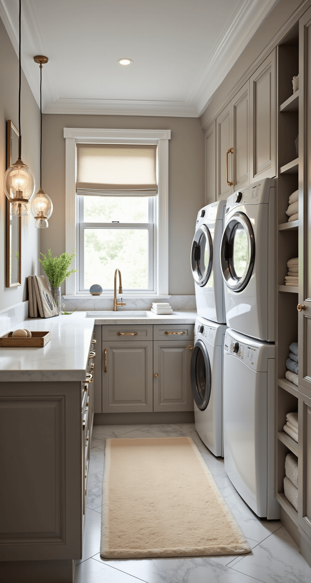 A luxurious spa-inspired basement laundry room featuring tray ceilings, large-format marble-look tiles, a sleek white washer and dryer with gold hardware, a quartz island with glass globe pendants, an organized back wall with pull-out hampers, herringbone heated tile floors, and a cream and gold area rug, captured from a straight-on angle to highlight its symmetry and sophistication.