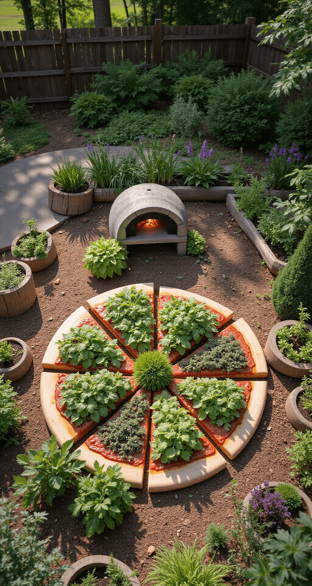 A whimsical backyard pizza garden with a circular raised bed divided into wedge-shaped sections filled with herbs and vegetables, surrounded by hollowed-out log planters of edible flowers, and a rustic outdoor pizza oven nearby, all captured in warm afternoon light from an overhead perspective.