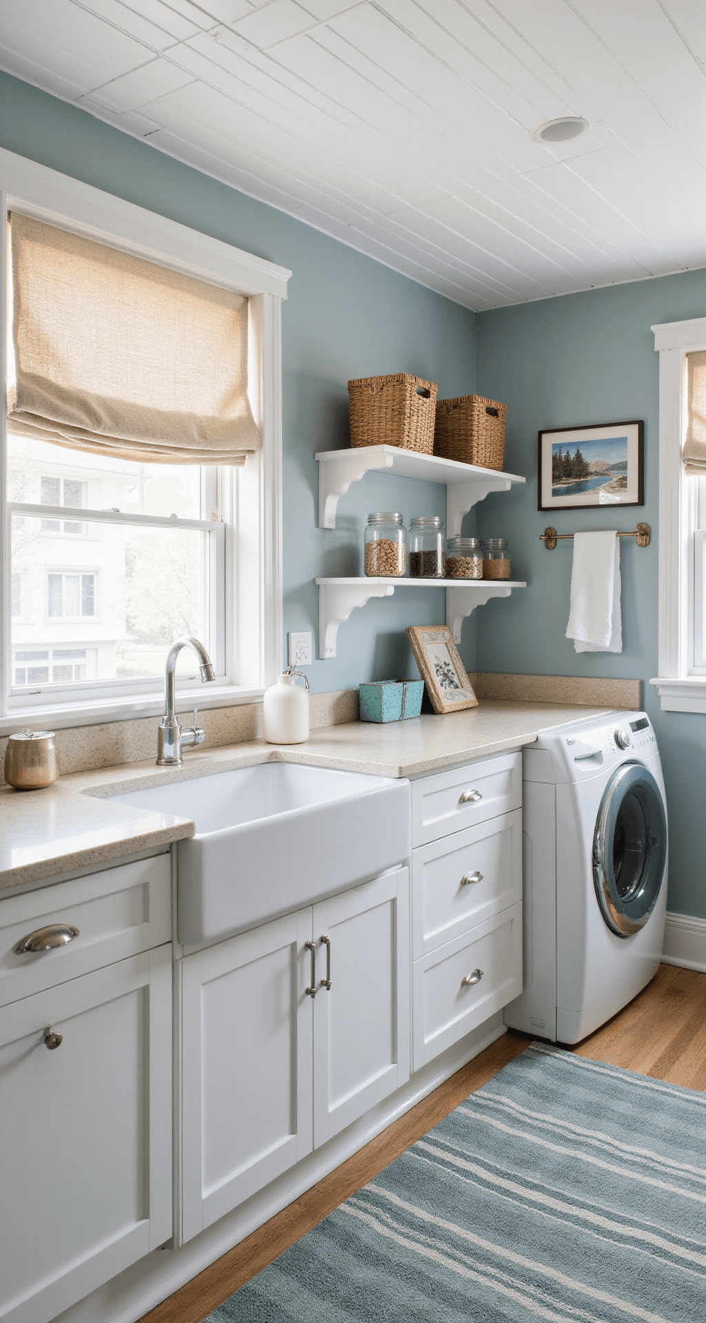 A bright and airy coastal-inspired basement laundry room featuring a white beadboard ceiling, soft blue-gray walls, white shaker-style cabinets, a farmhouse sink, front-loading washer and dryer, and open shelving with beach-themed decor, all enhanced by natural sunlight streaming through plantation shutters.