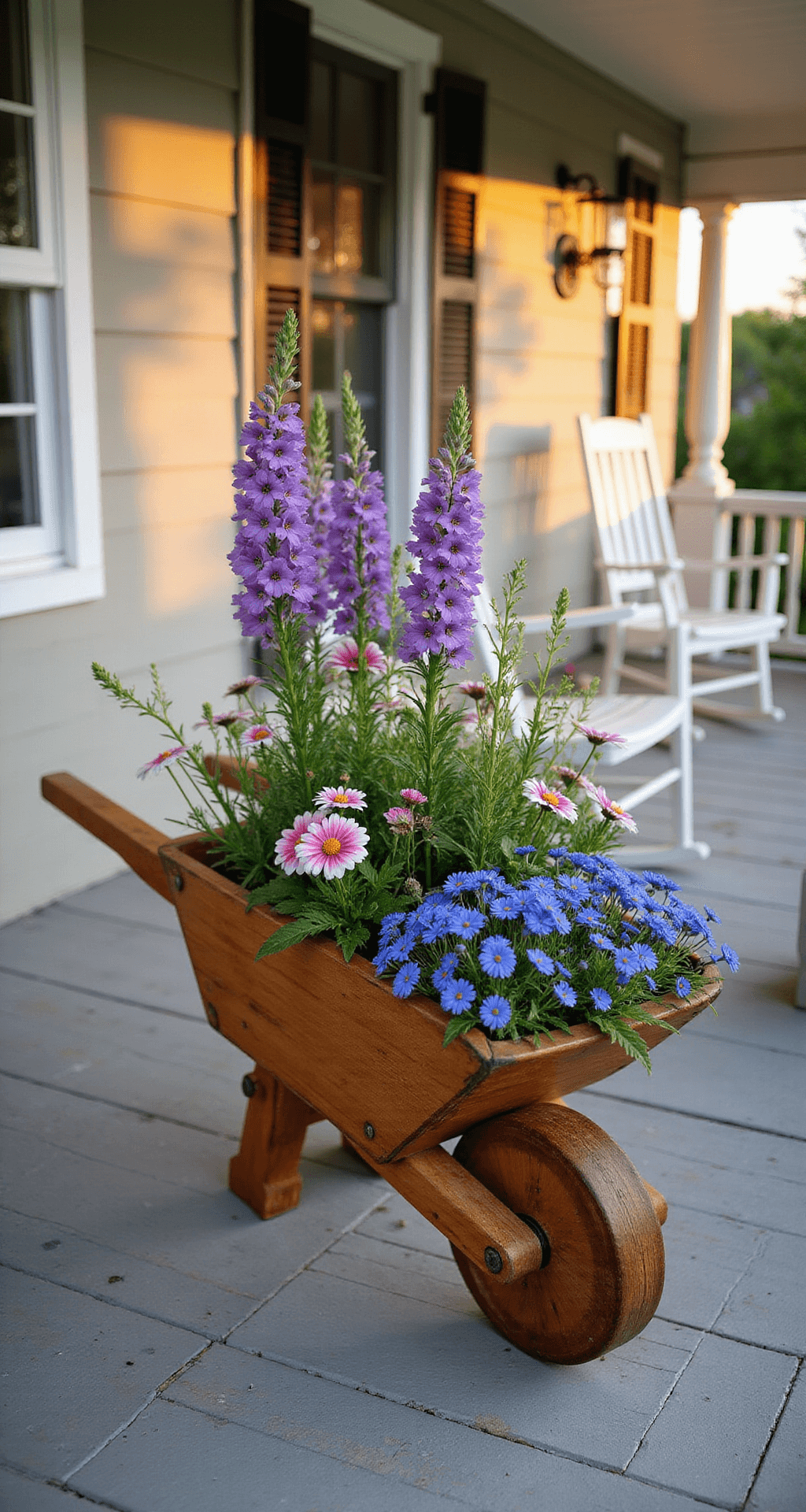 A wooden wheelbarrow planter on a quaint cottage porch, filled with tall purple delphiniums, pink and white cosmos, and trailing blue lobelia, with warm afternoon sunlight illuminating the scene. Weathered gray wood floor and white rocking chairs flank the planter, captured with a macro lens for intricate floral details against a blurred background, evoking serene country charm.
